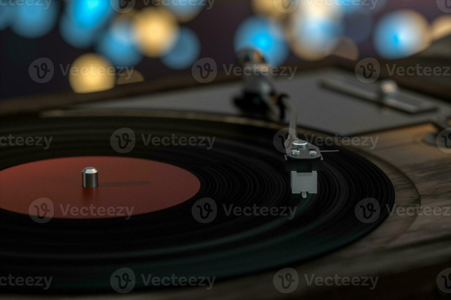 The old wooden vinyl record player on the table, 3d rendering. photo