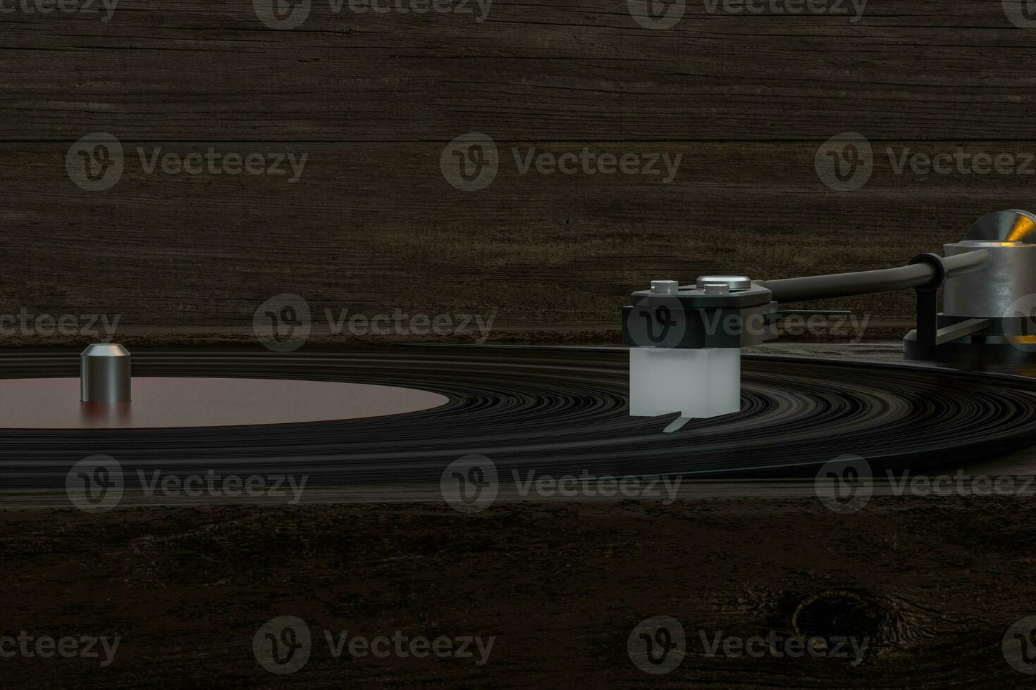 The old wooden vinyl record player on the table, 3d rendering. photo