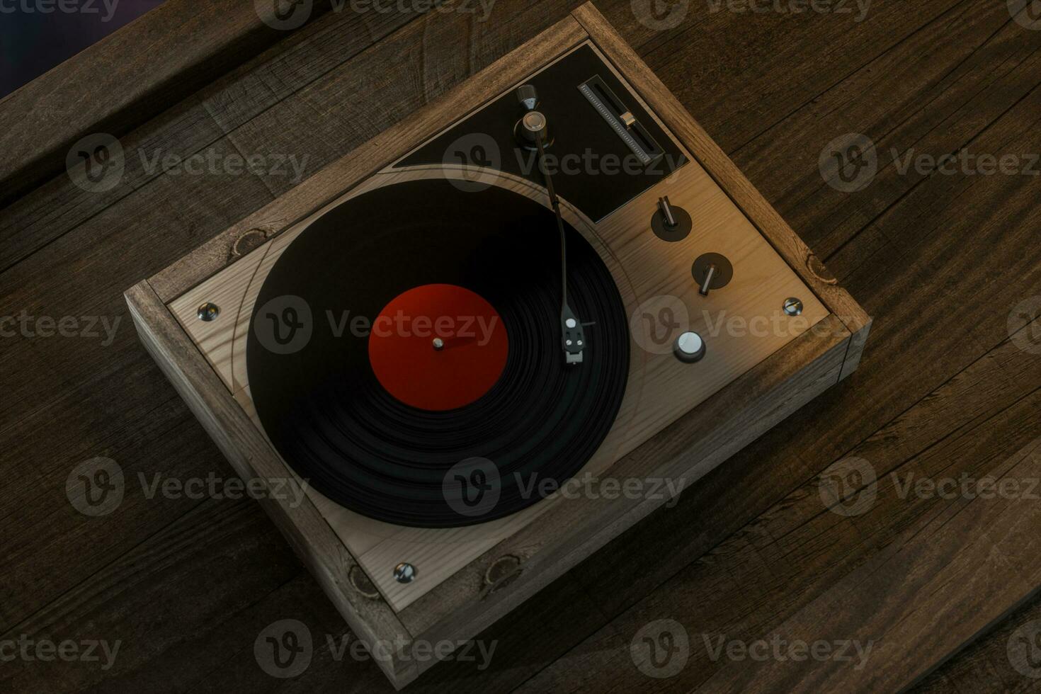 The old wooden vinyl record player on the table, 3d rendering. photo