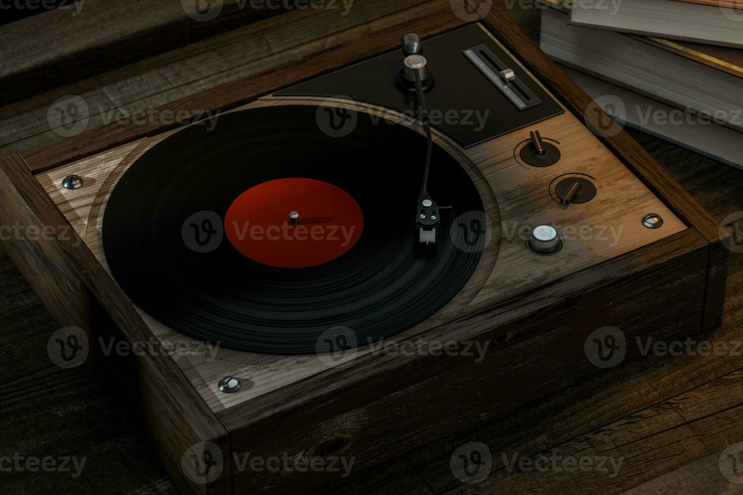 The old wooden vinyl record player on the table, 3d rendering. photo