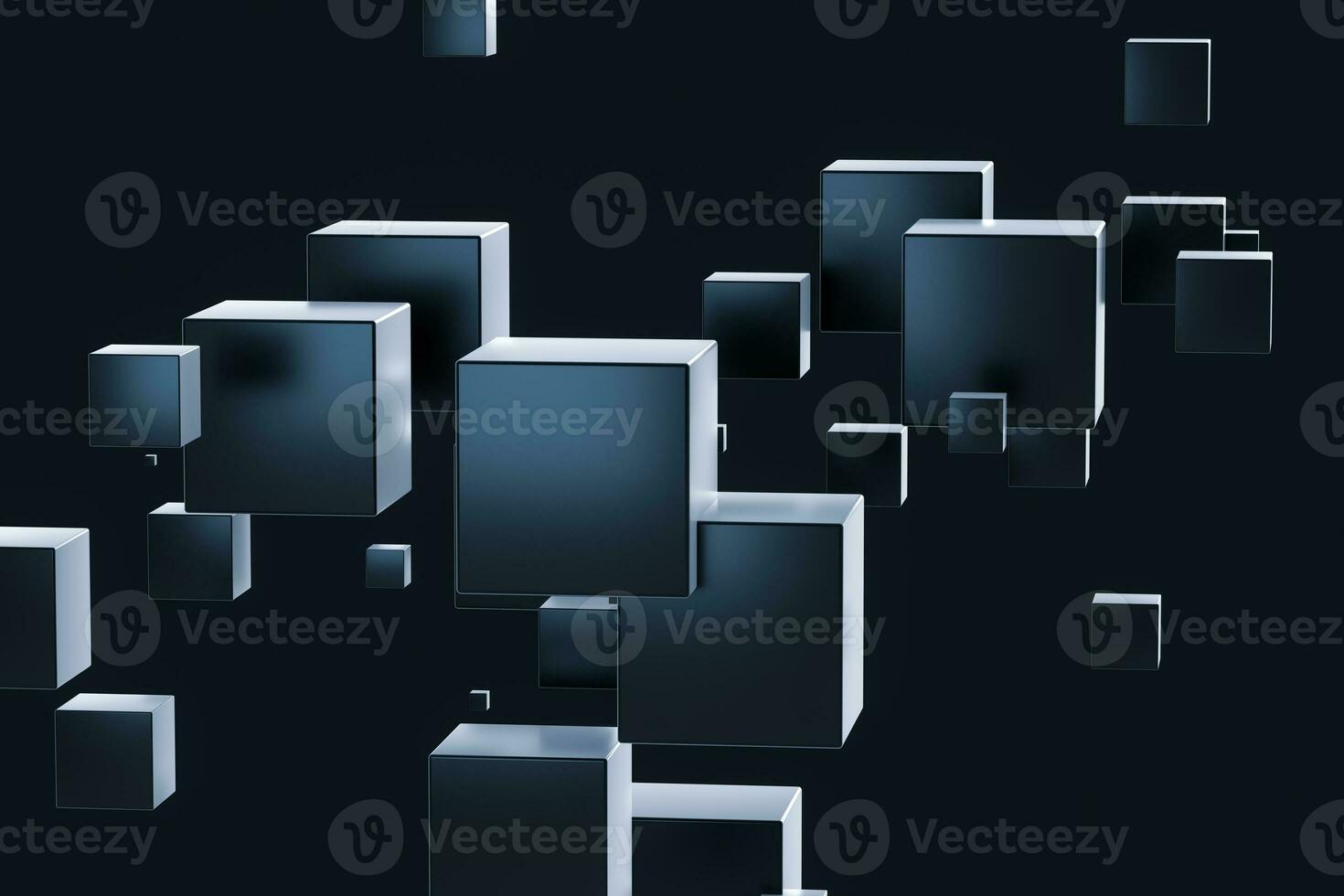 Dark cubes randomly distributed in the air, 3d rendering. photo