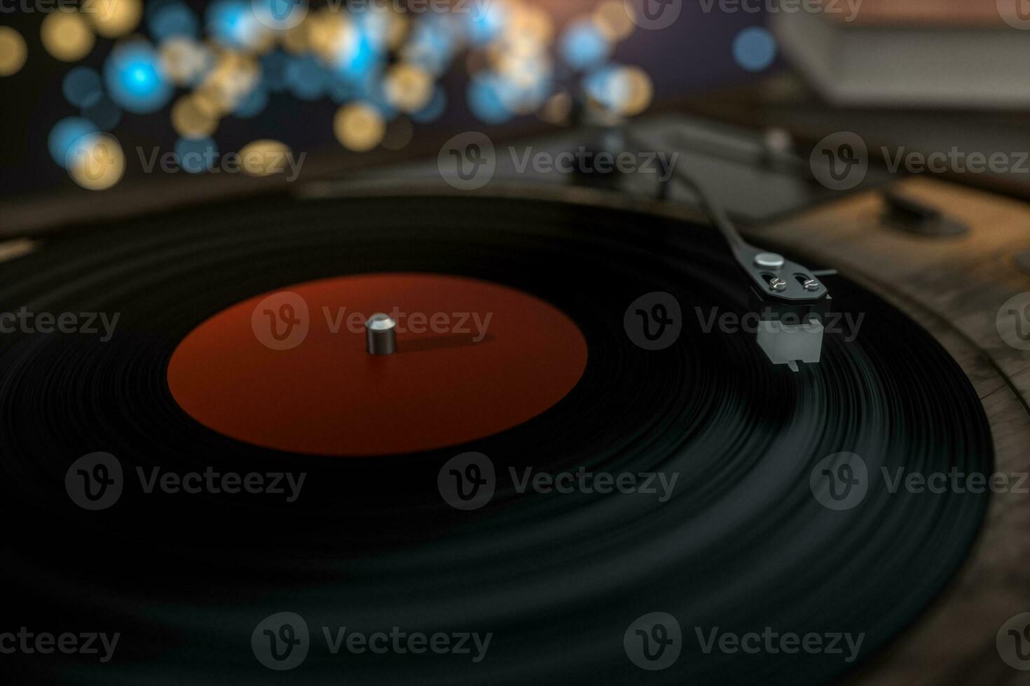 The old wooden vinyl record player on the table, 3d rendering. photo