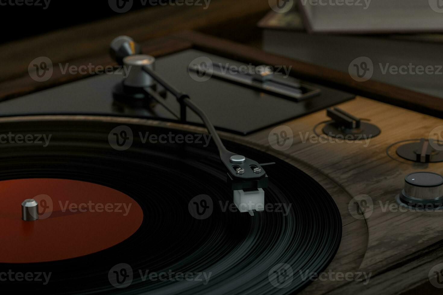 The old wooden vinyl record player on the table, 3d rendering. photo