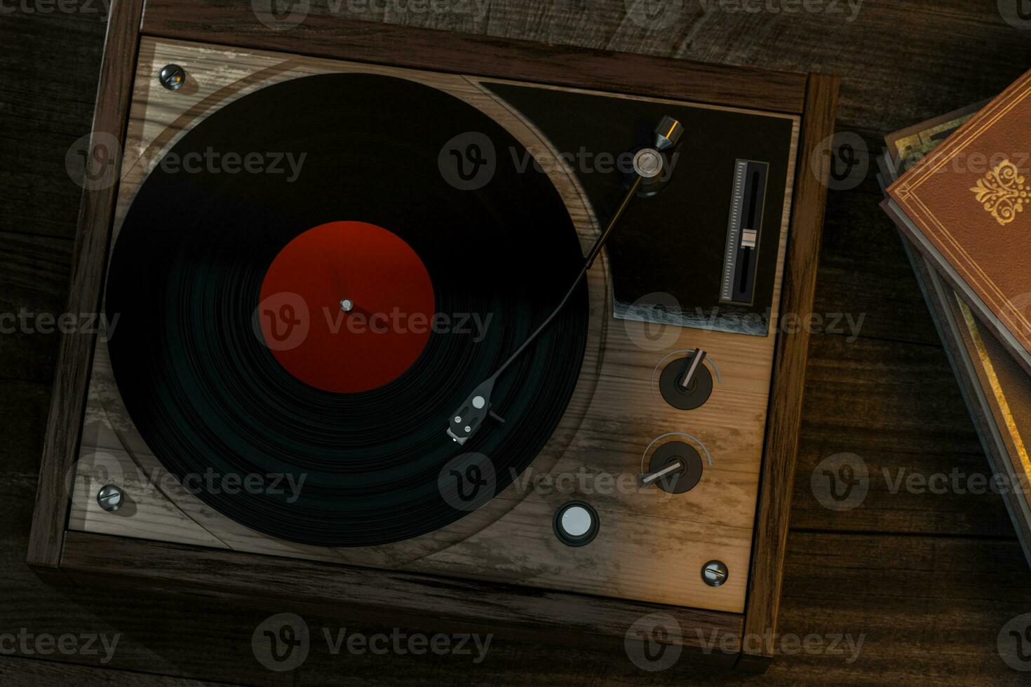 The old wooden vinyl record player on the table, 3d rendering. photo