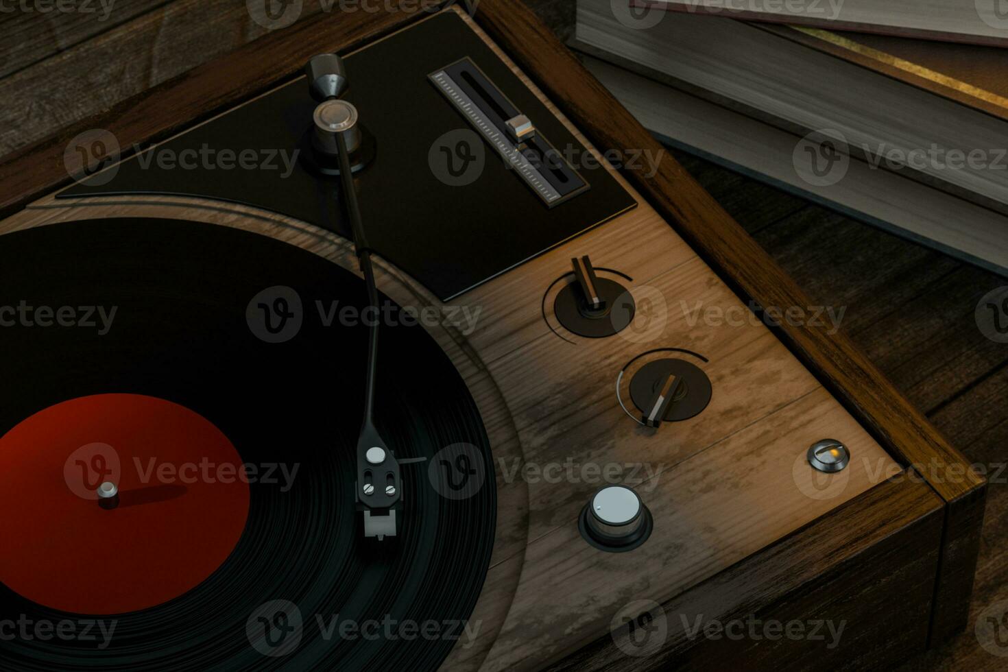 The old wooden vinyl record player on the table, 3d rendering. photo