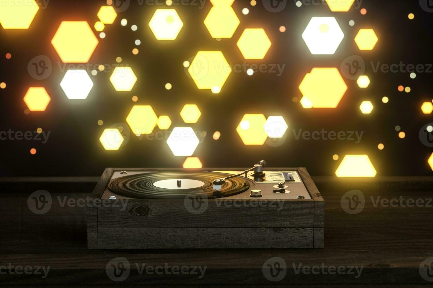 The old wooden vinyl record player on the table, 3d rendering. photo