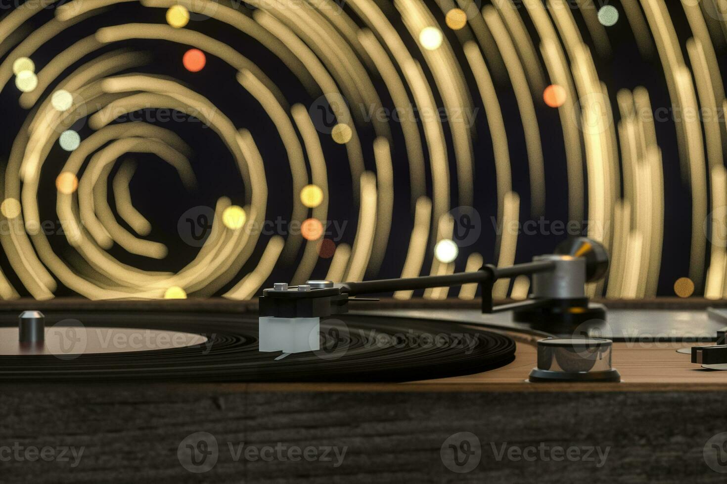 The old wooden vinyl record player on the table, 3d rendering. photo