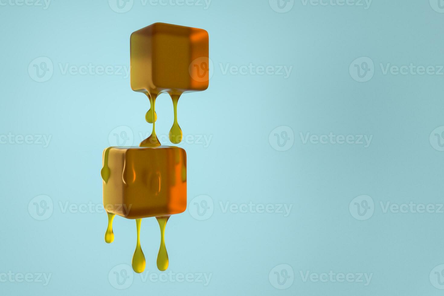 Melting honey cube with liquid drop details, 3d rendering photo