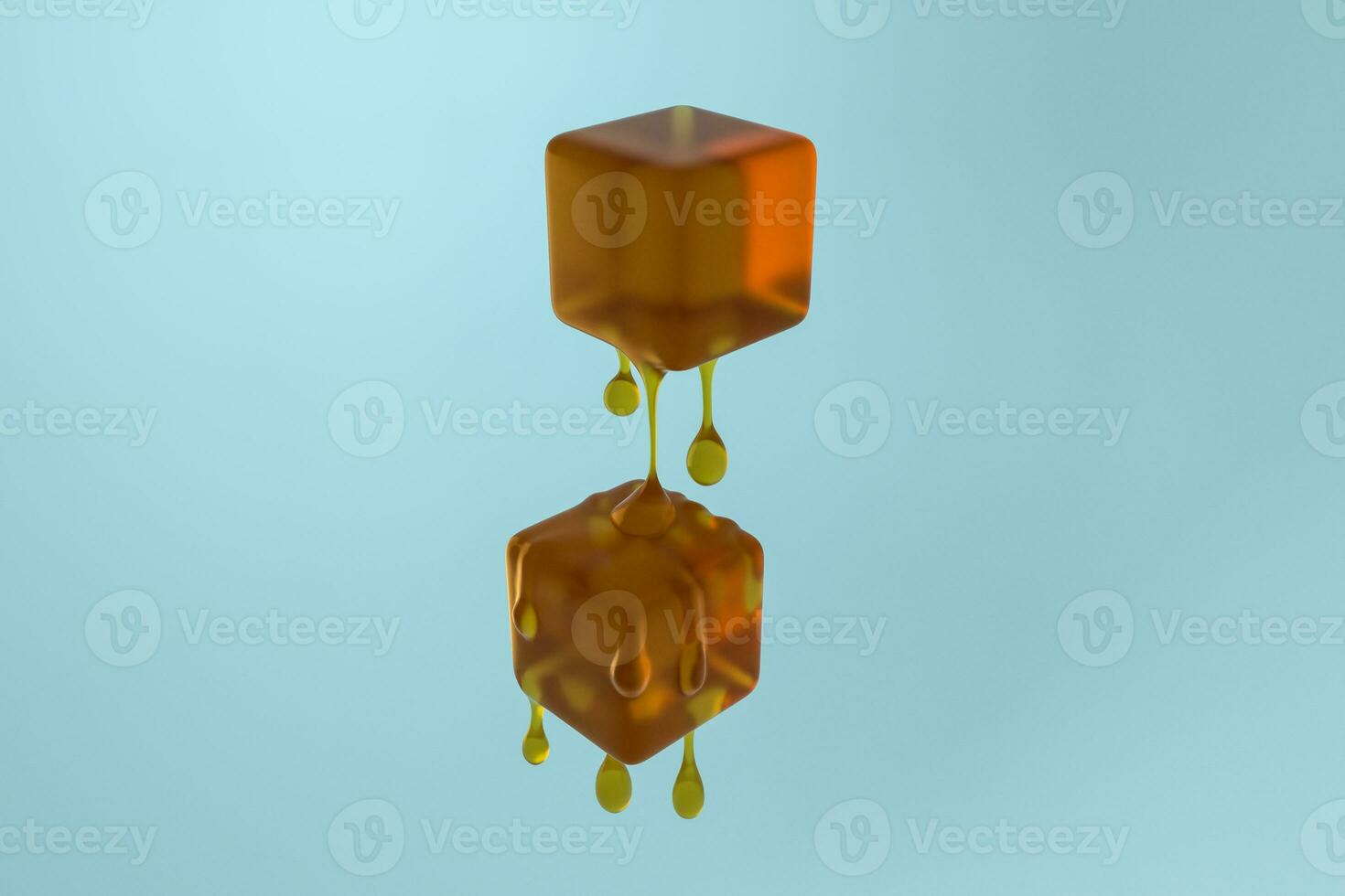 derritiendo miel cubo con líquido soltar detalles, 3d representación foto