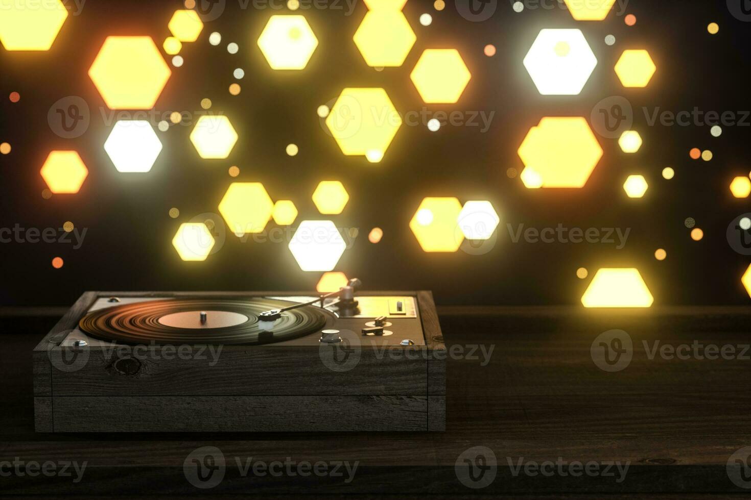 The old wooden vinyl record player on the table, 3d rendering. photo