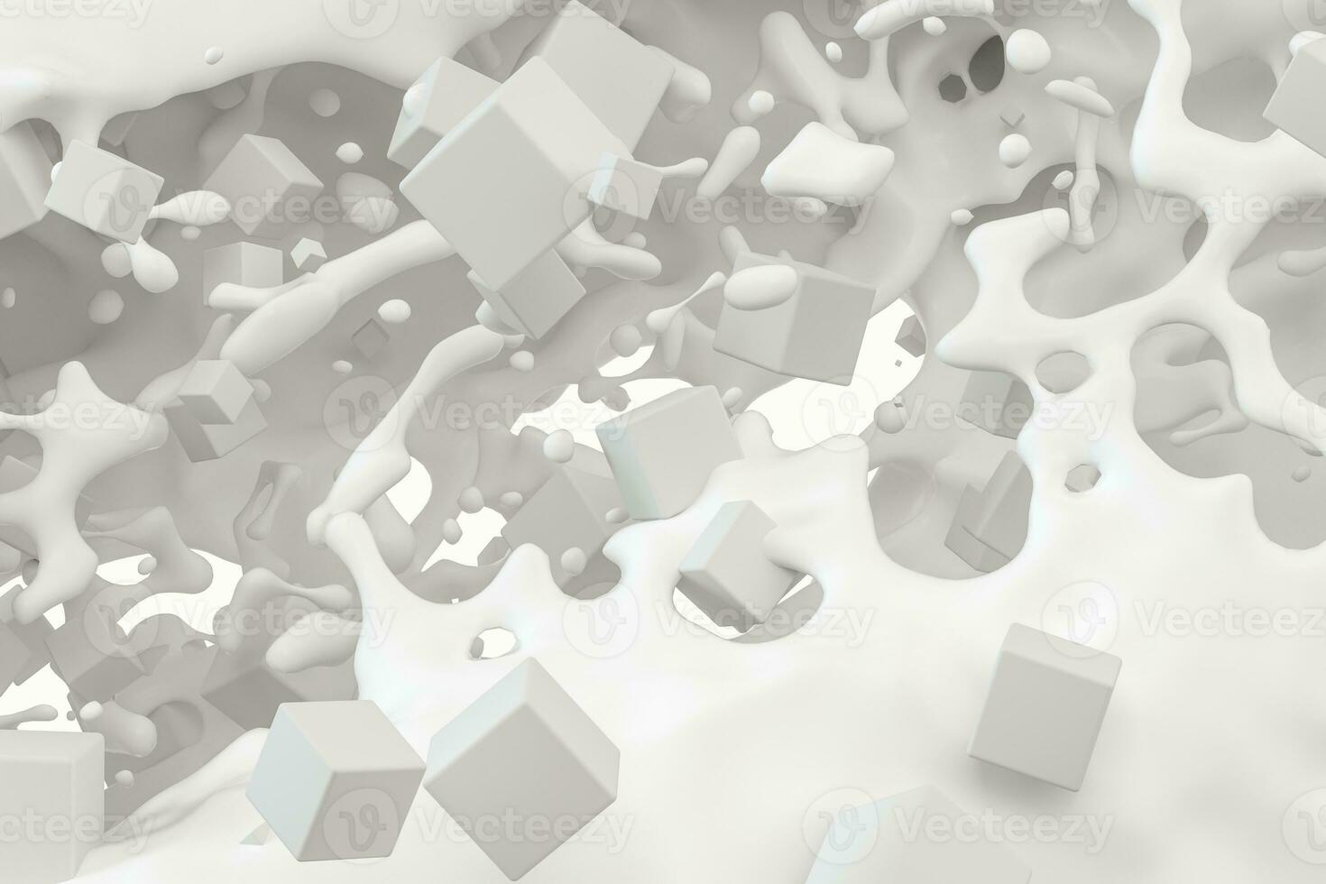 Purity splashing milk with flying cubes, 3d rendering. photo