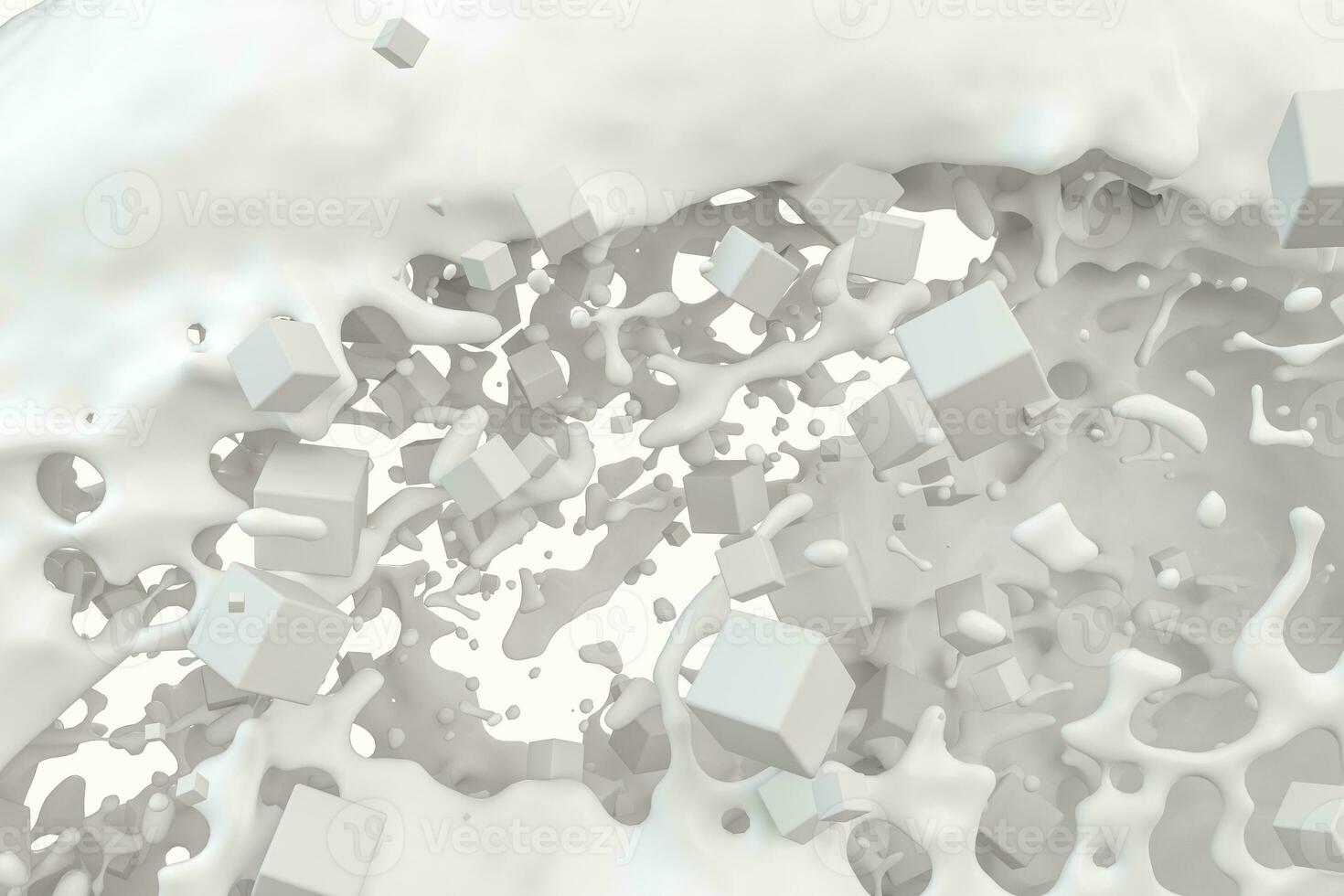 Purity splashing milk with flying cubes, 3d rendering. photo