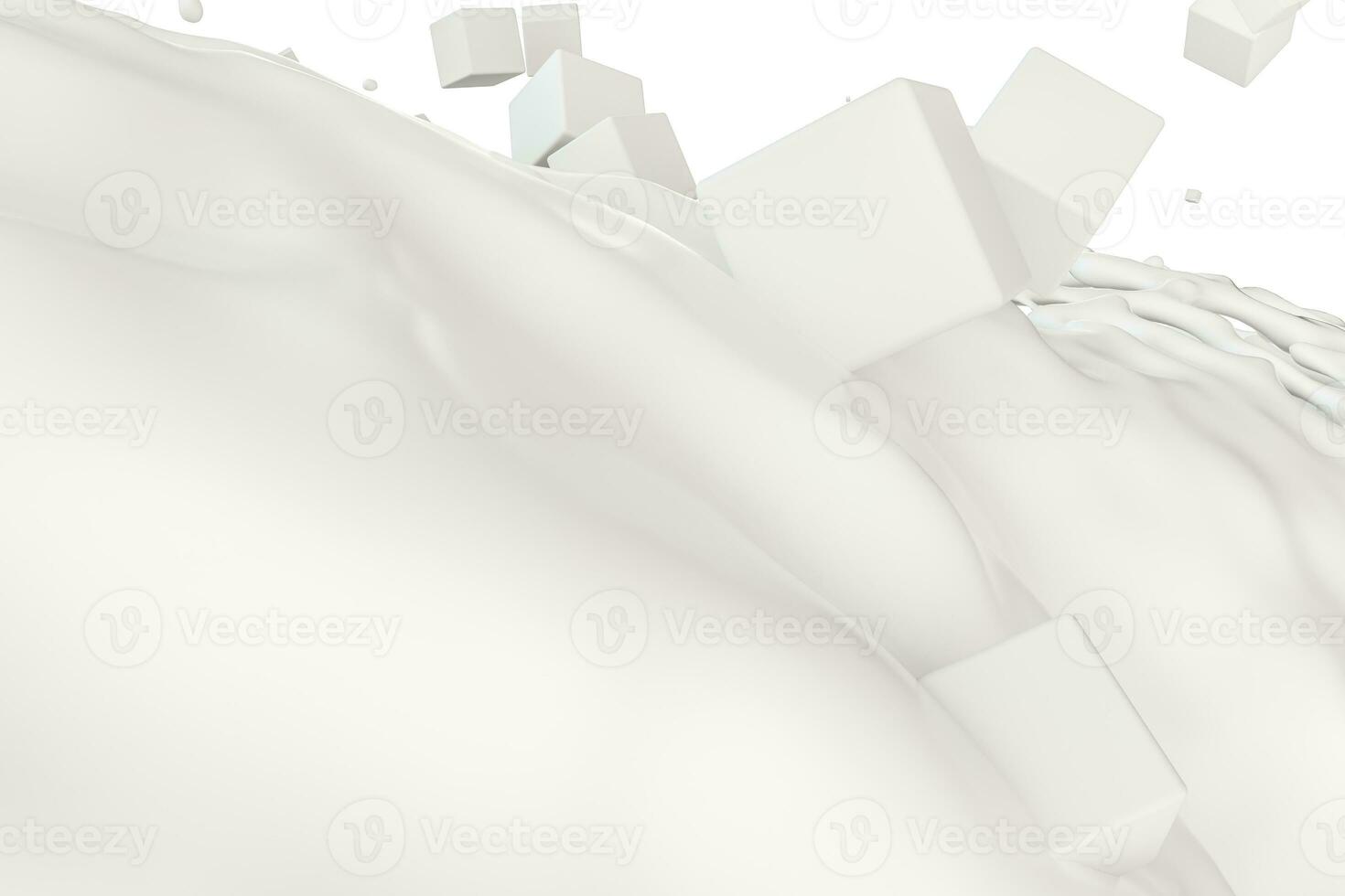 Purity splashing milk with flying cubes, 3d rendering. photo