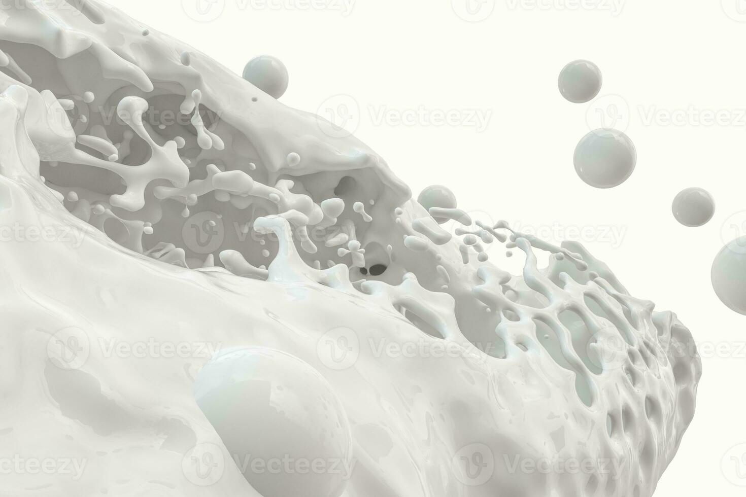 Purity splashing milk with flying spheres, 3d rendering. photo
