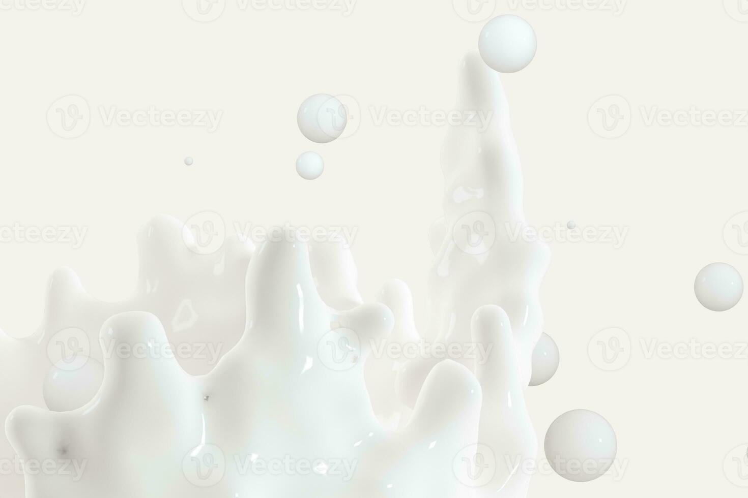 Purity splashing milk with crown shapes, 3d rendering. photo