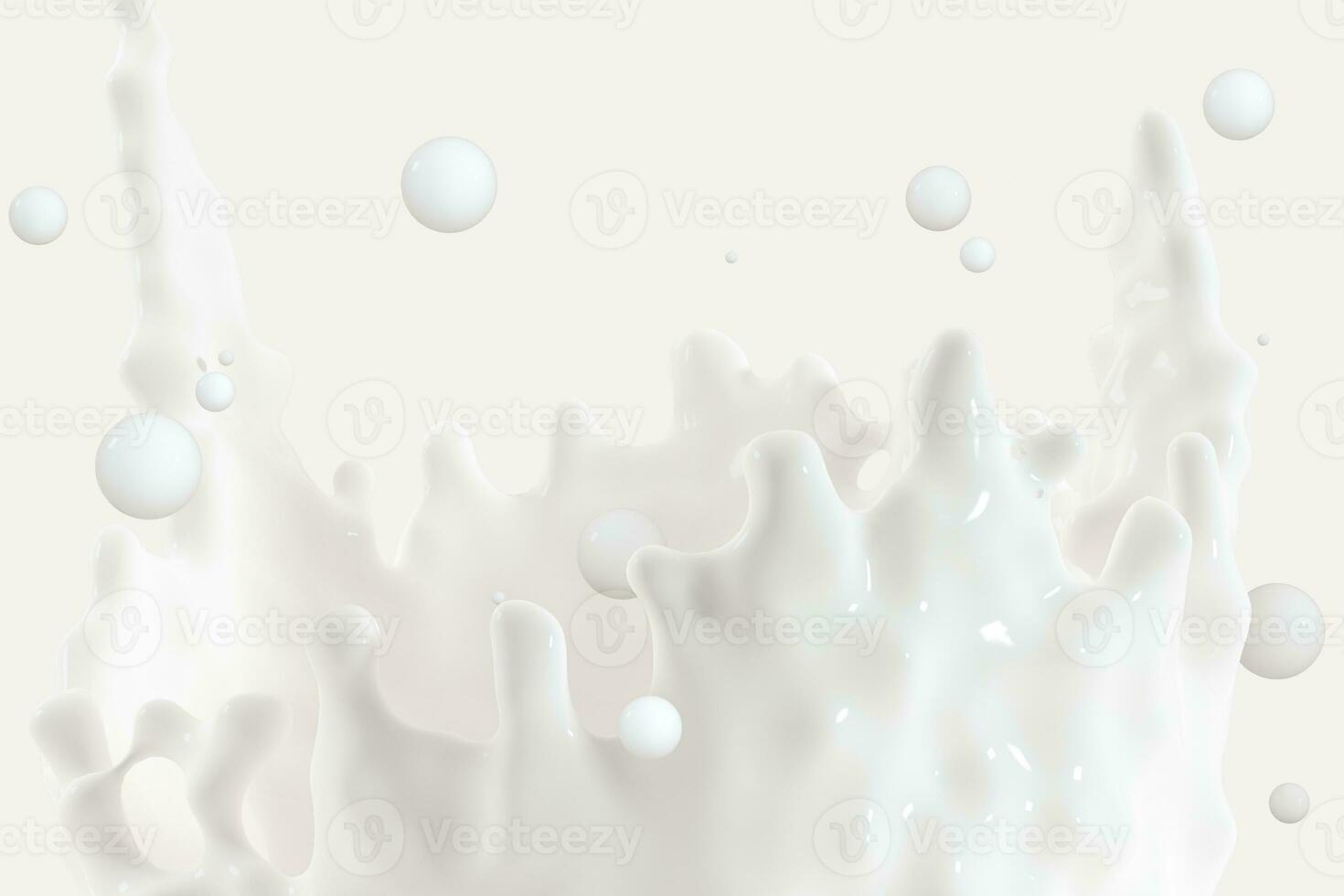 Purity splashing milk with crown shapes, 3d rendering. photo