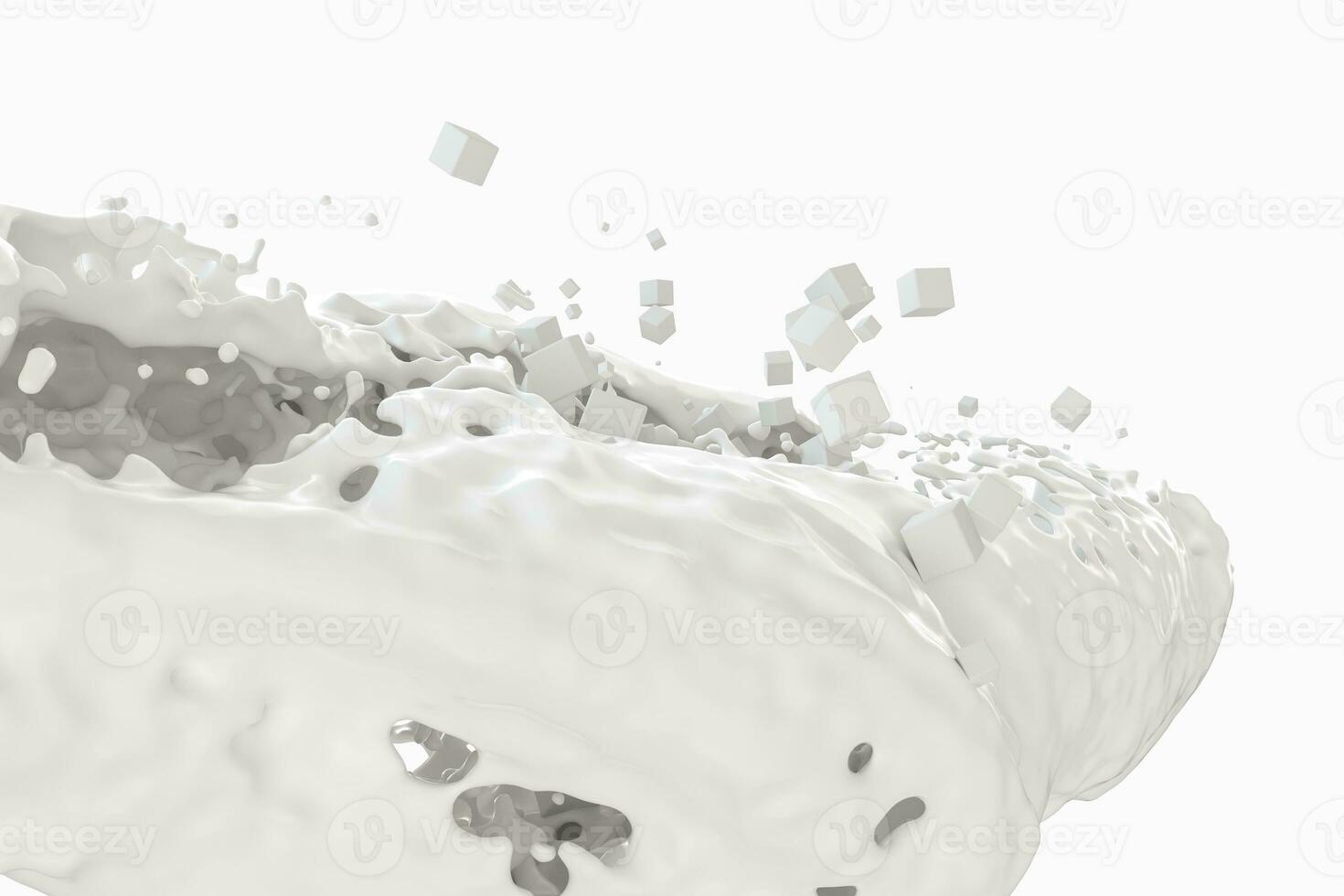 Purity splashing milk with flying cubes, 3d rendering. photo