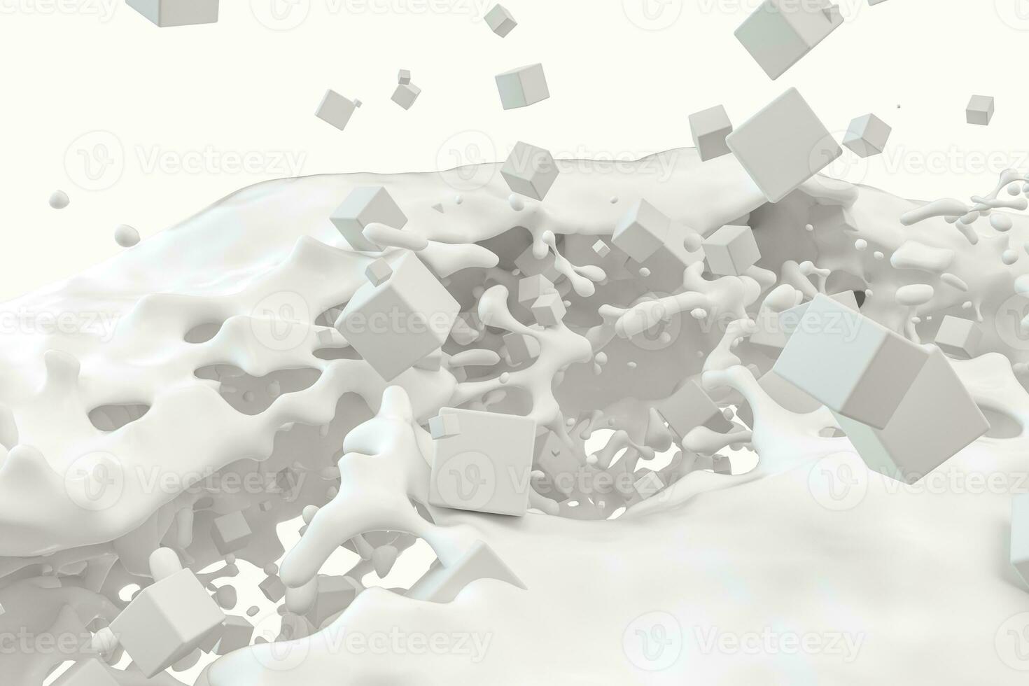 Purity splashing milk with flying cubes, 3d rendering. photo