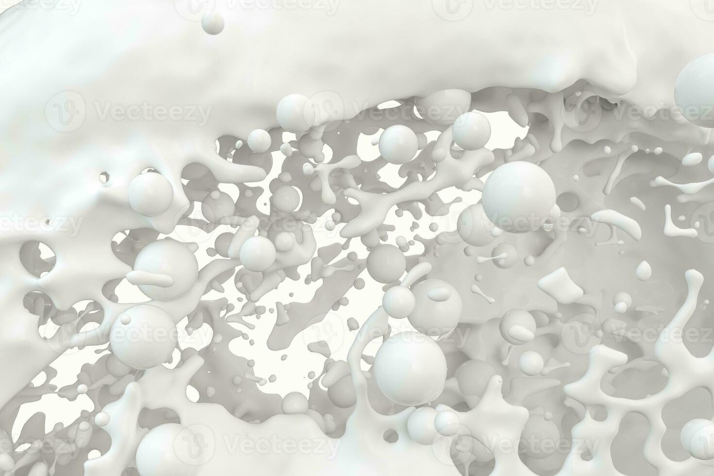 Purity splashing milk with flying spheres, 3d rendering. photo