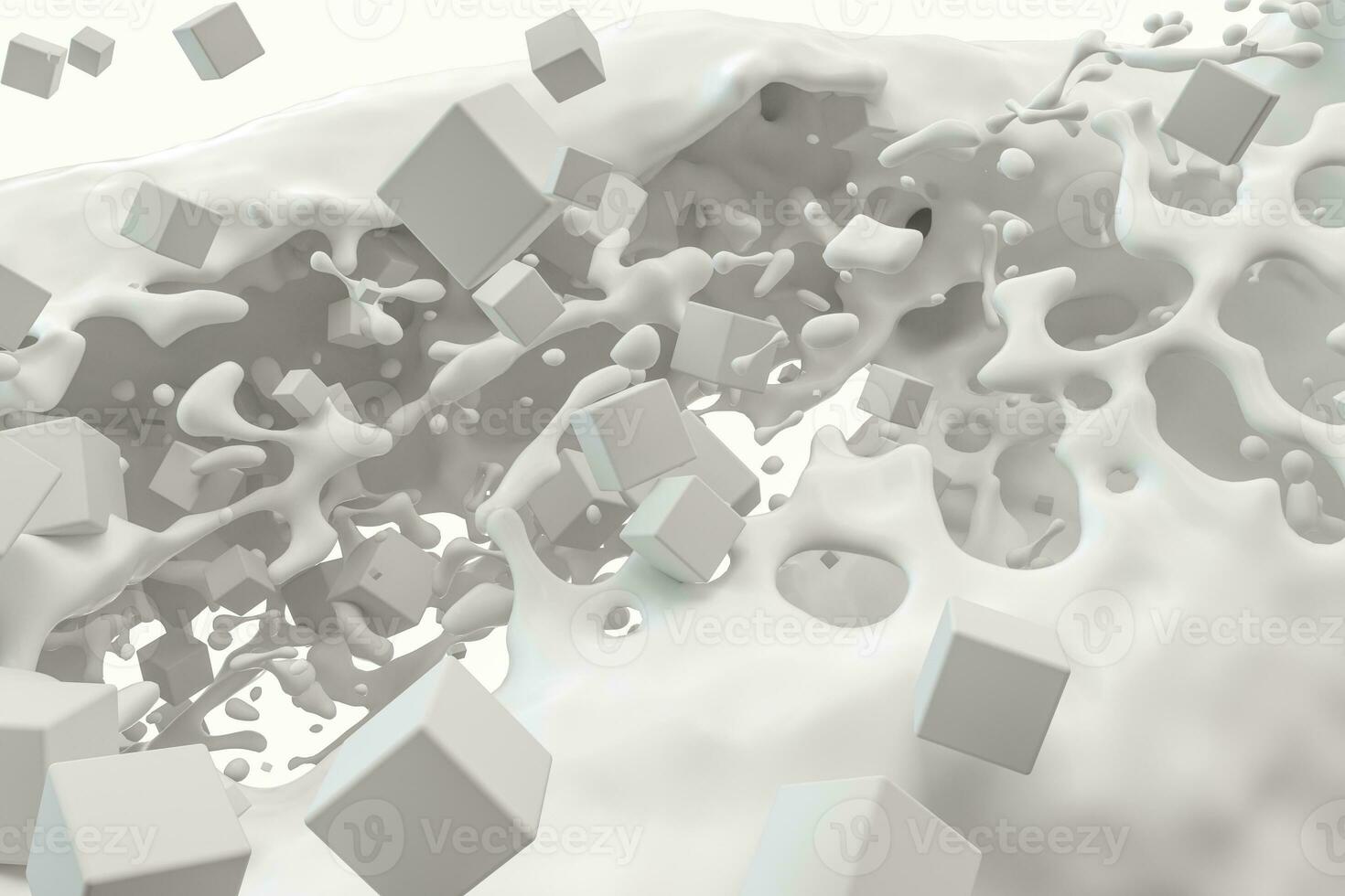 Purity splashing milk with flying cubes, 3d rendering. photo