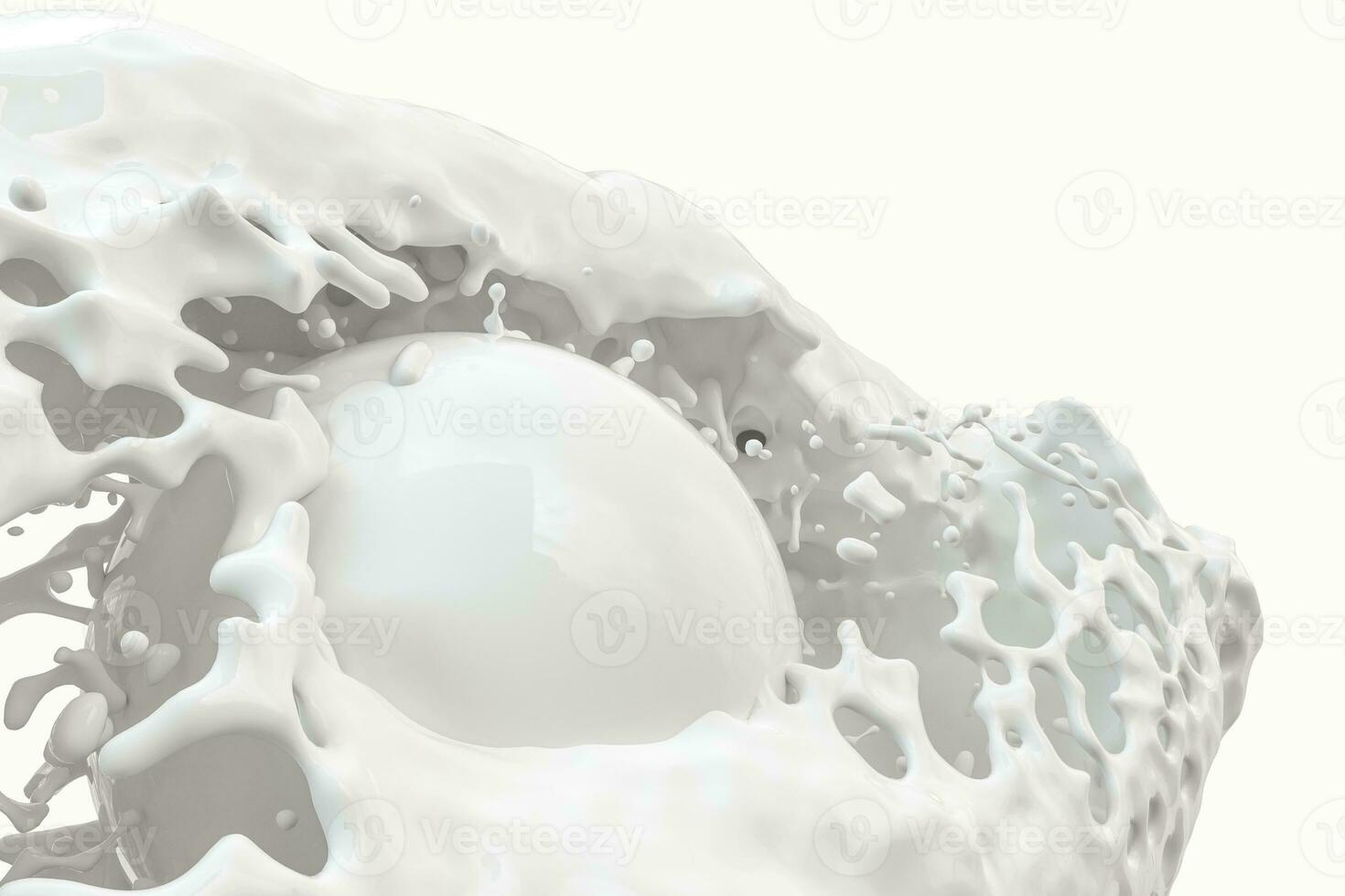 Purity splashing milk with flying spheres, 3d rendering. photo