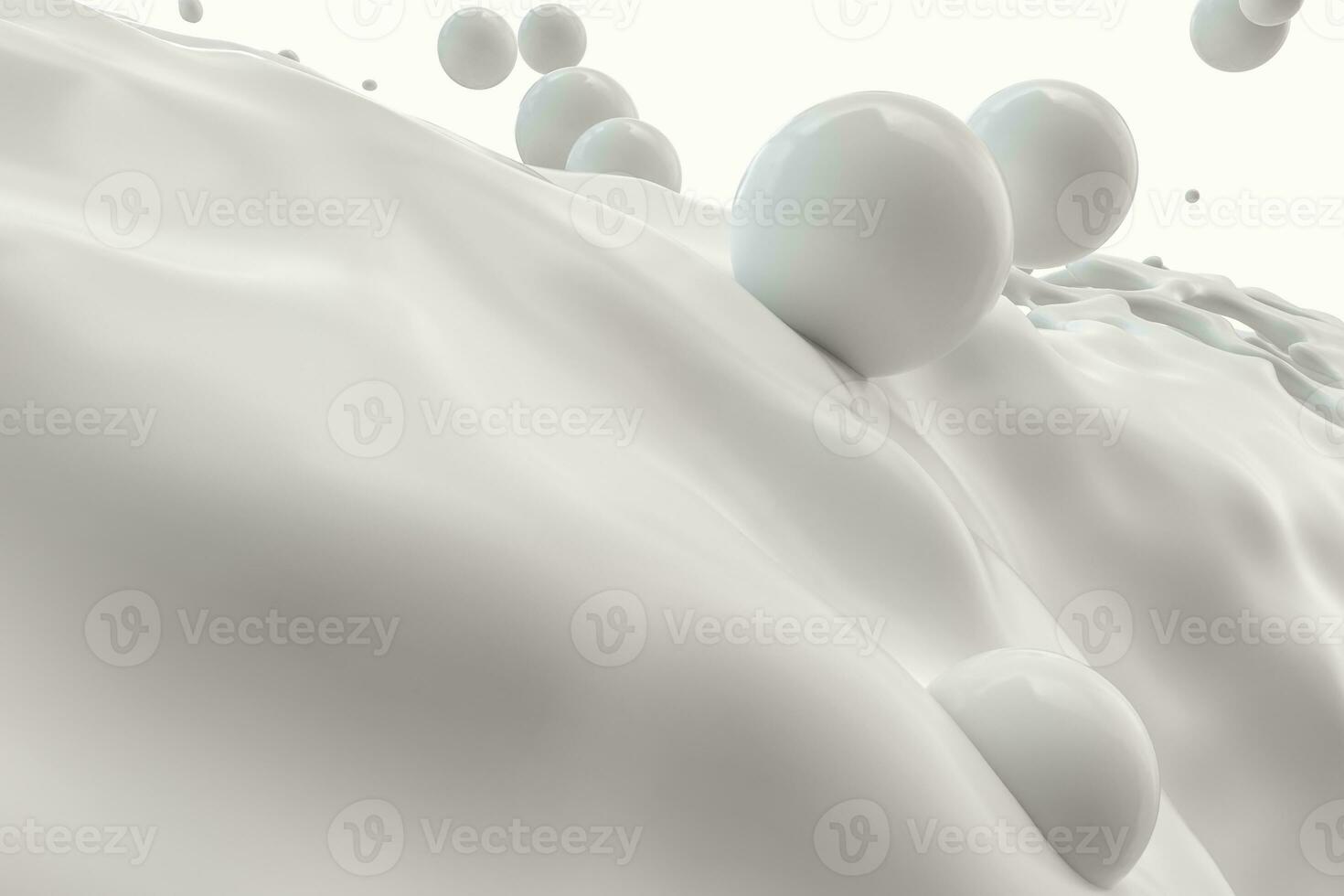 Purity splashing milk with flying spheres, 3d rendering. photo