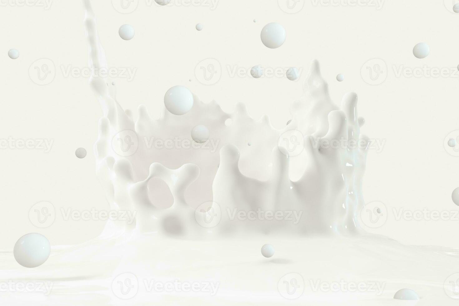 Purity splashing milk with crown shapes, 3d rendering. photo