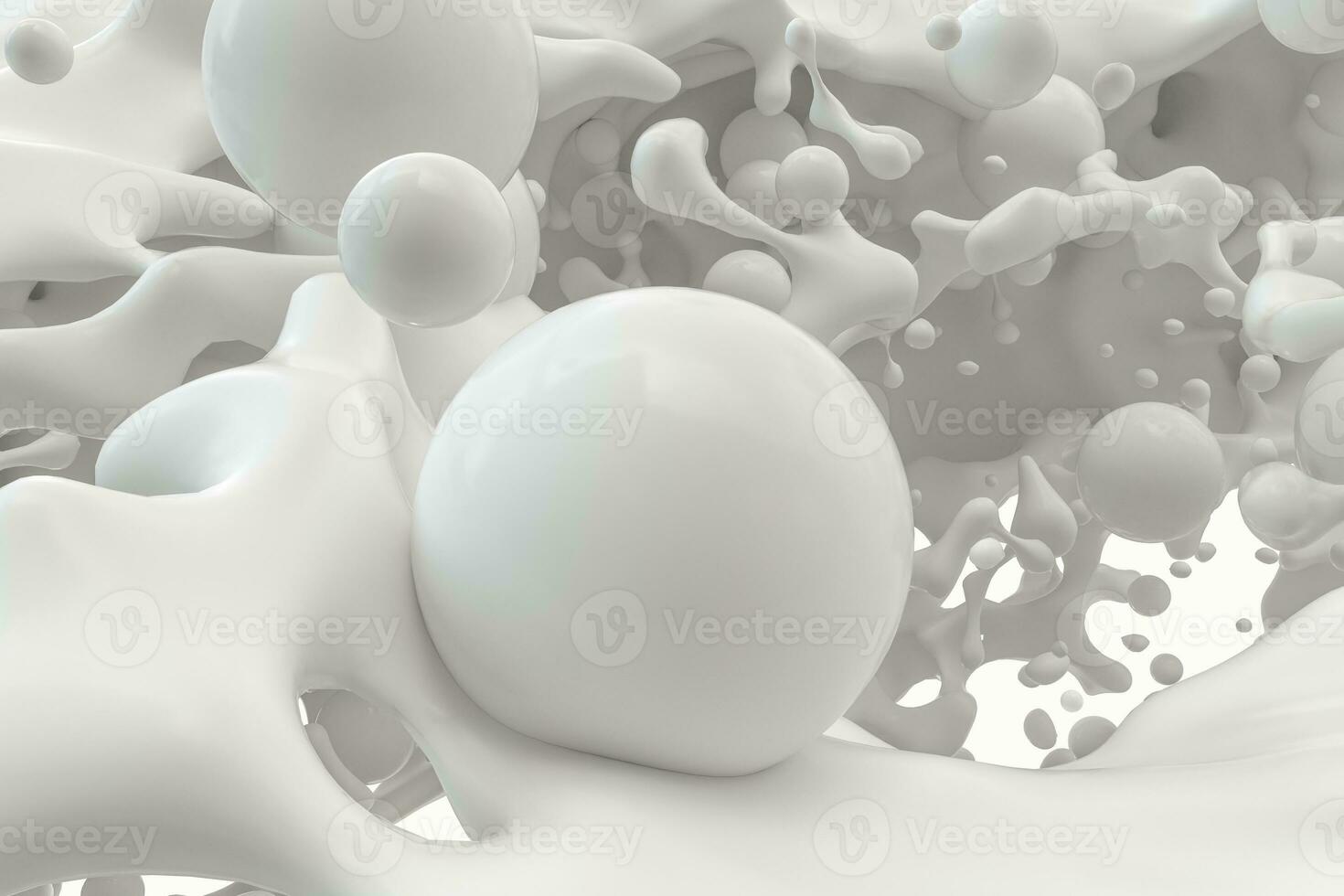 Purity splashing milk with flying spheres, 3d rendering. photo