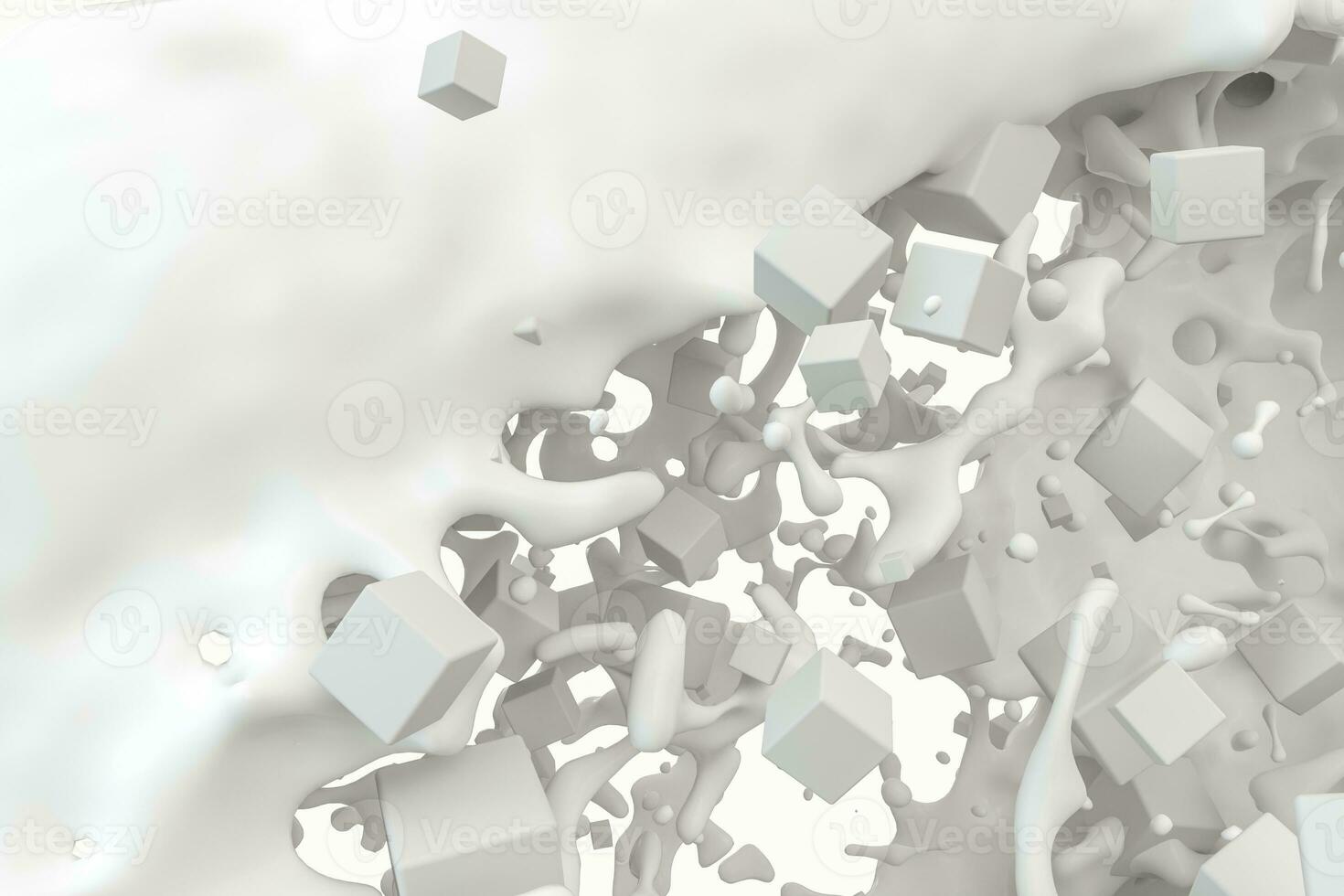 Purity splashing milk with flying cubes, 3d rendering. photo