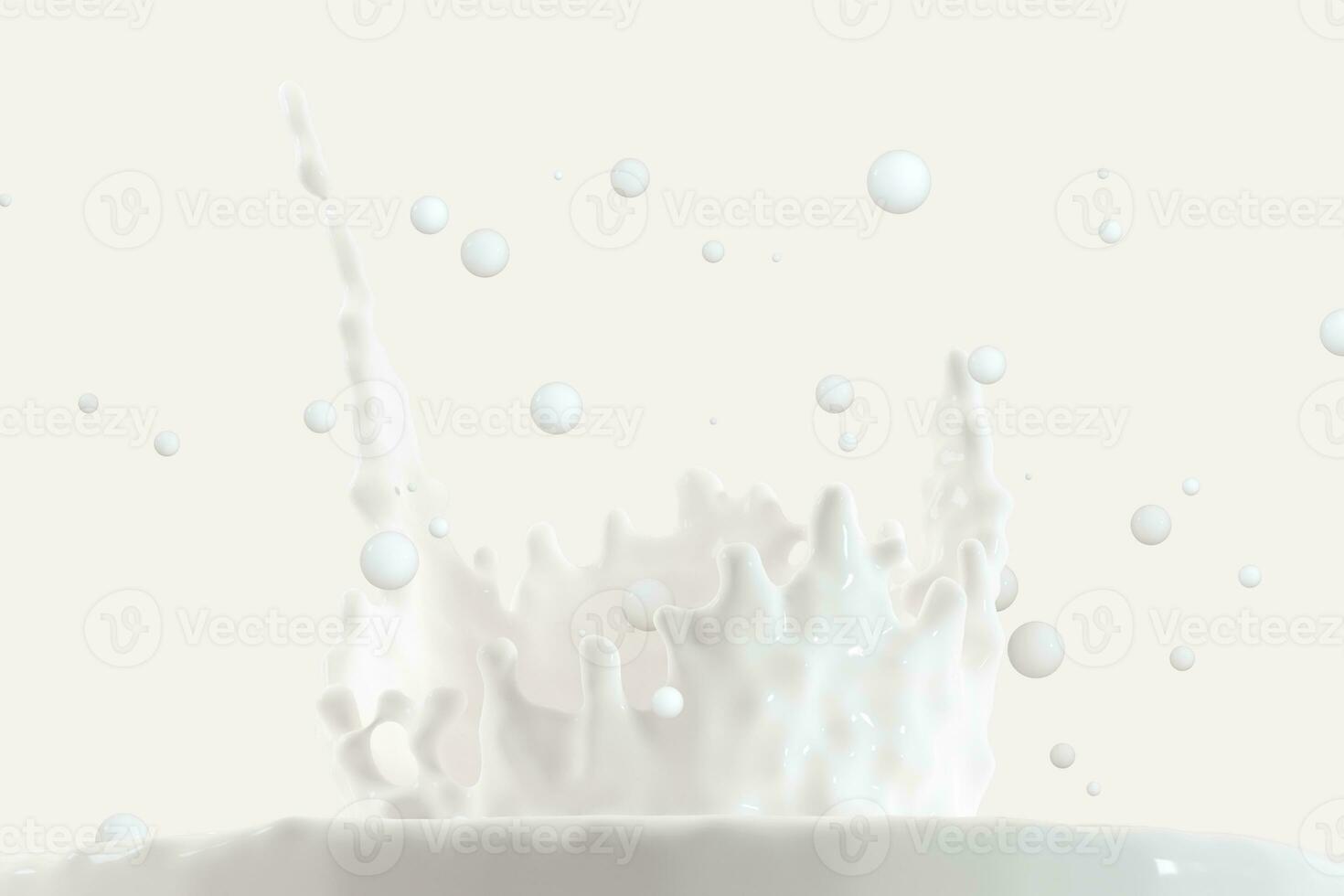 Purity splashing milk with crown shapes, 3d rendering. photo