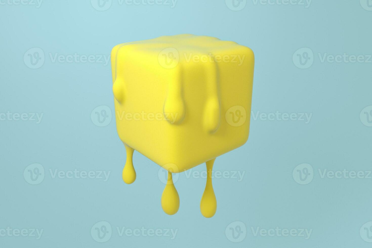 Yellow melting cube with liquid drop details, 3d rendering photo