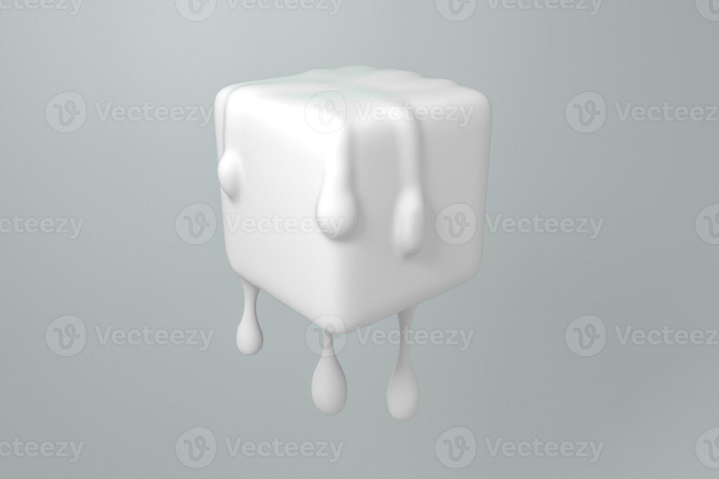 White melting cube with liquid drop details, 3d rendering photo