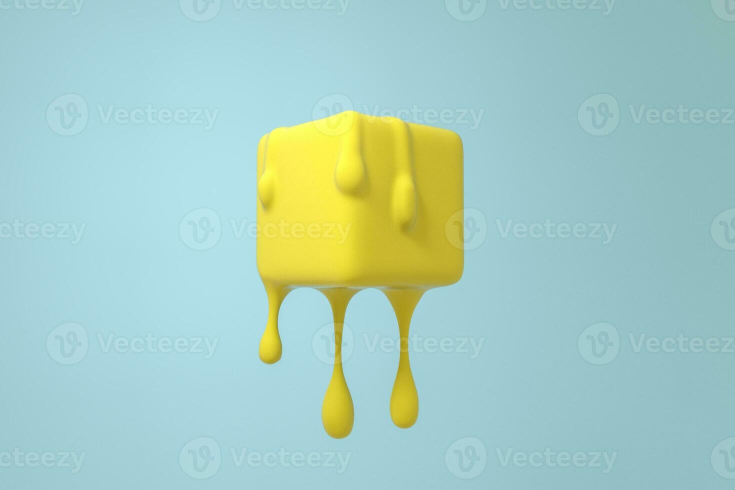 Yellow melting cube with liquid drop details, 3d rendering photo