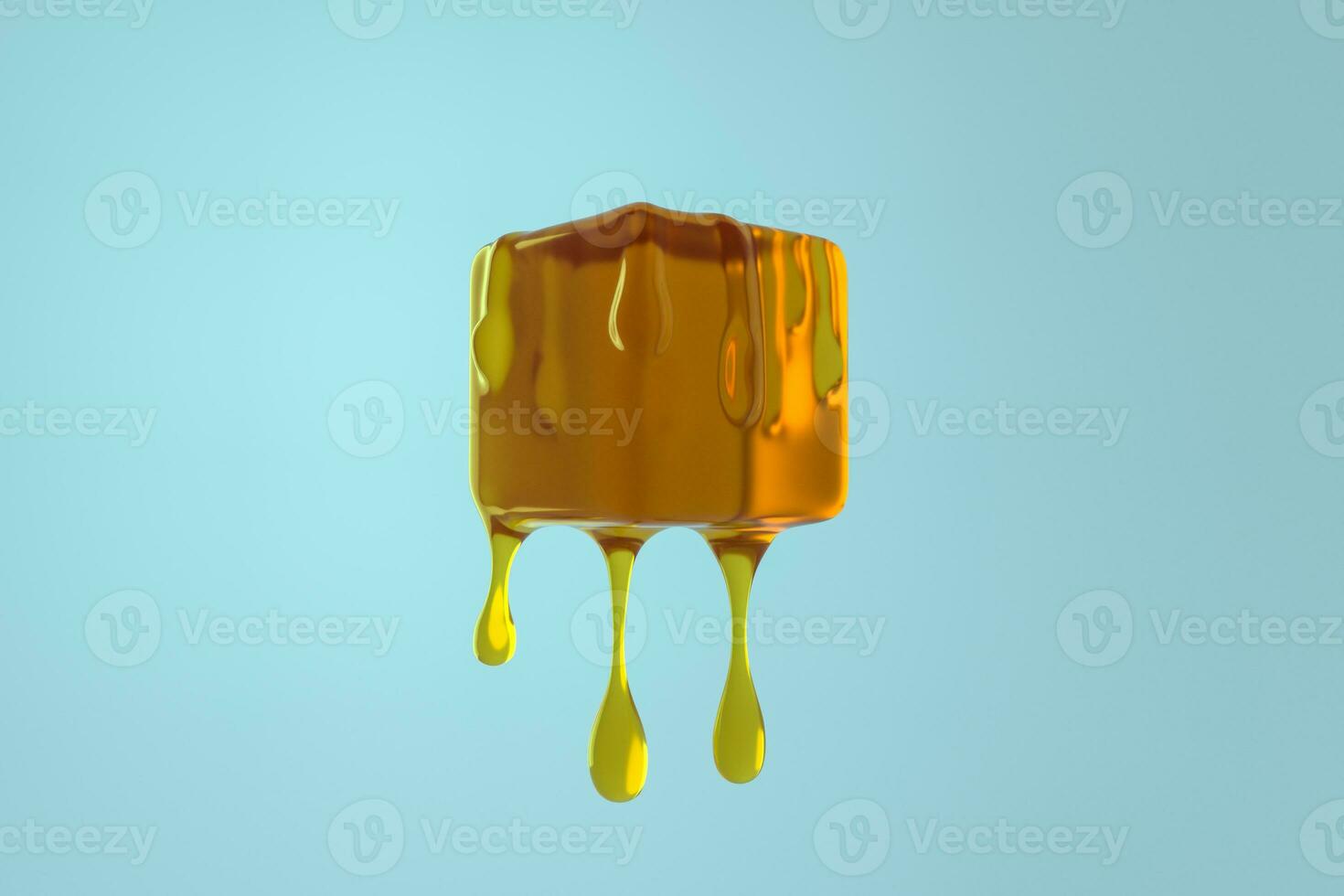 Melting honey cube with liquid drop details, 3d rendering photo