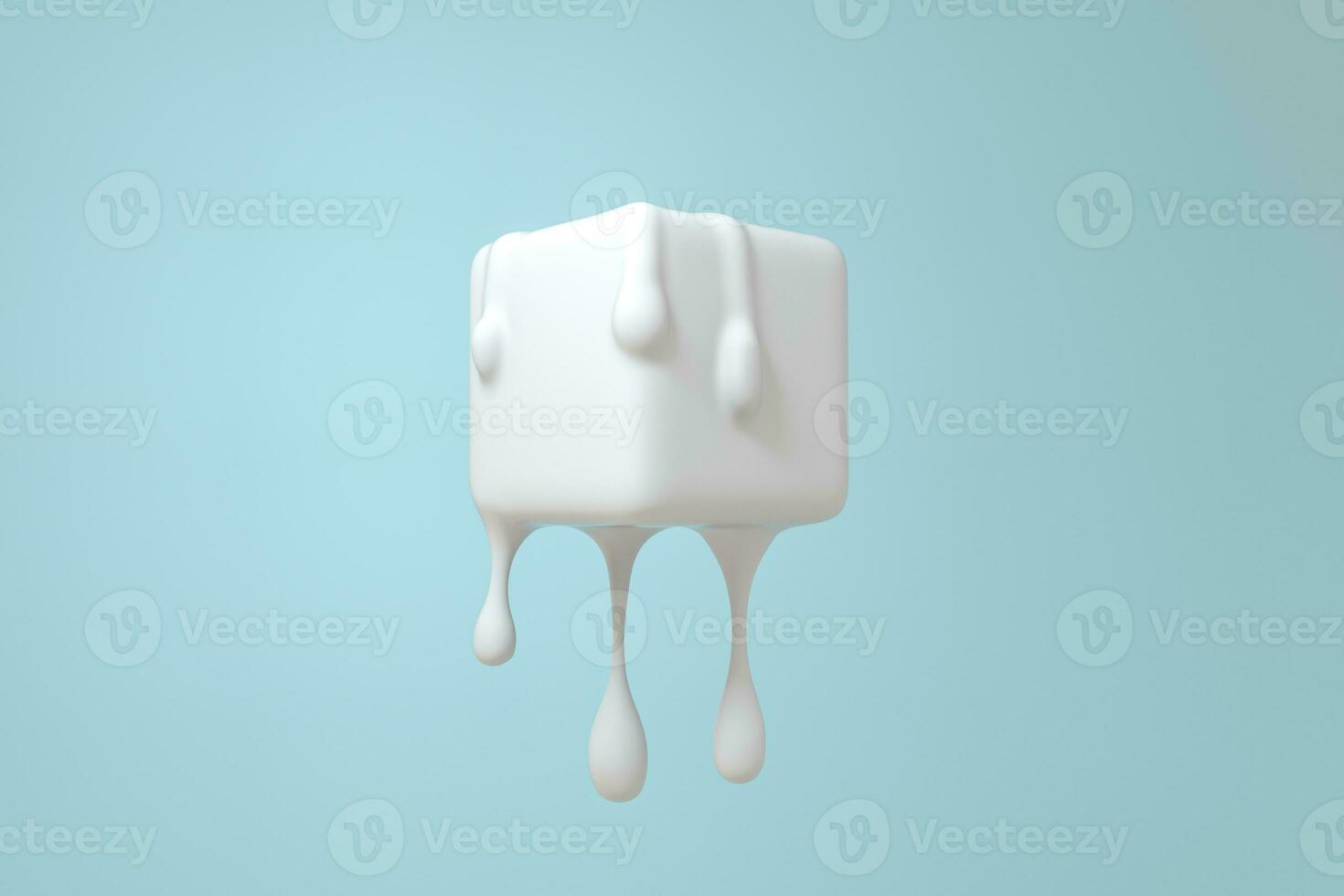 White melting cube with liquid drop details, 3d rendering photo