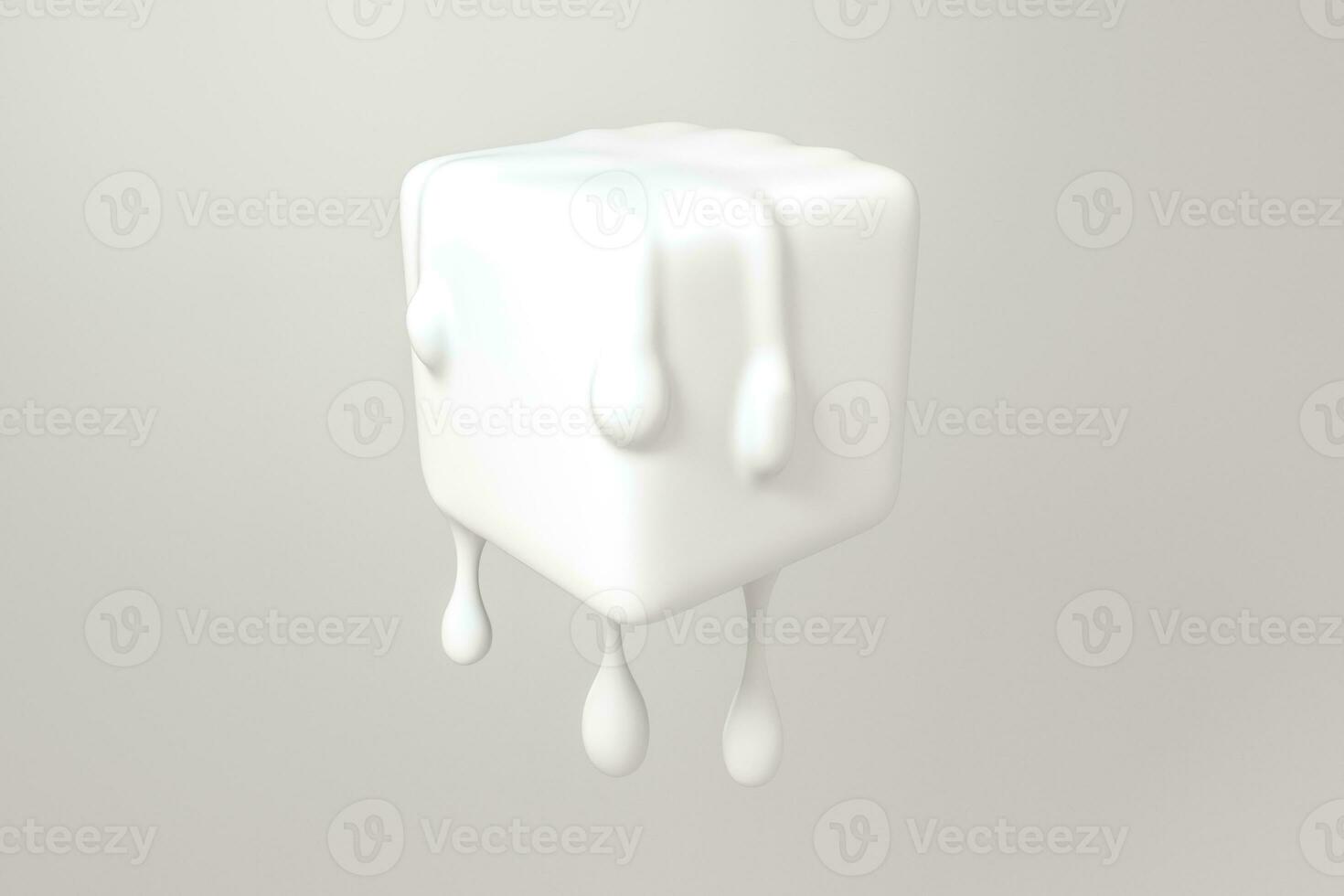 White melting cube with liquid drop details, 3d rendering photo