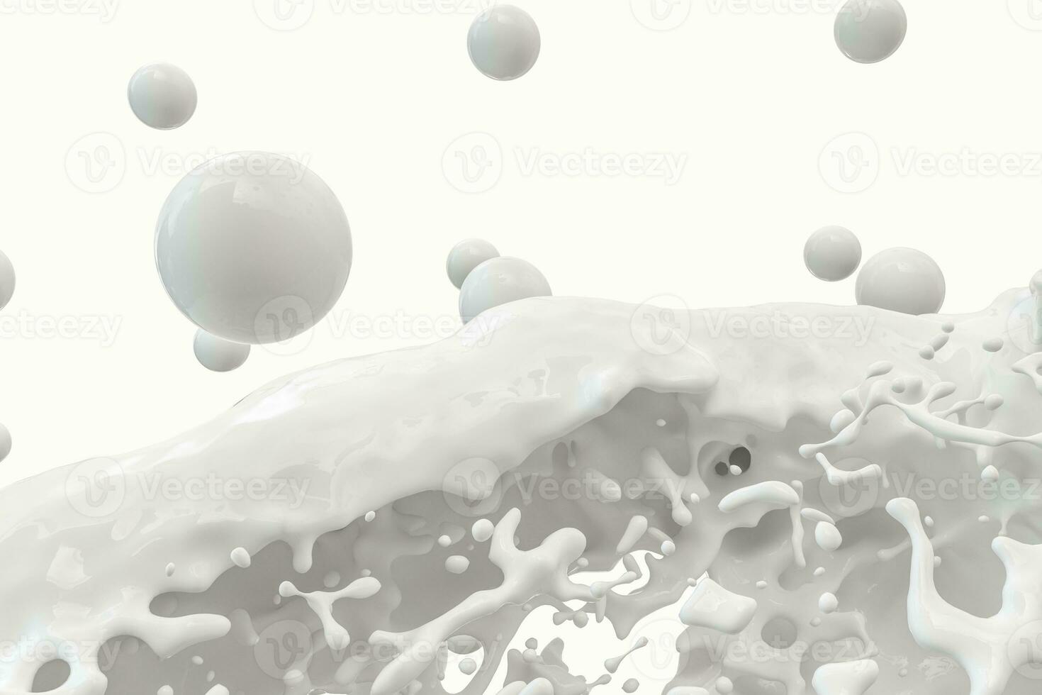 Purity splashing milk with flying spheres, 3d rendering. photo