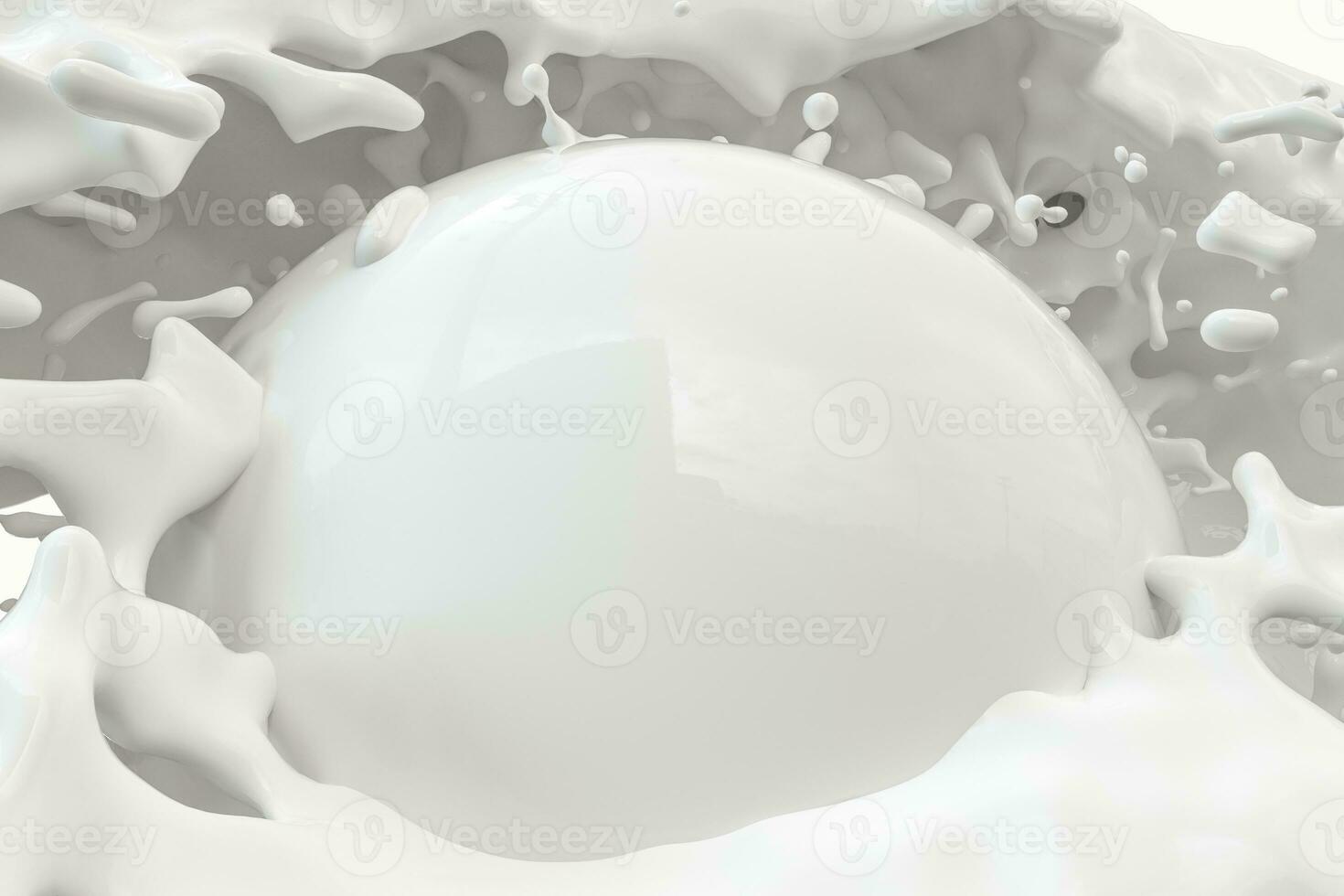 Purity splashing milk with flying spheres, 3d rendering. photo