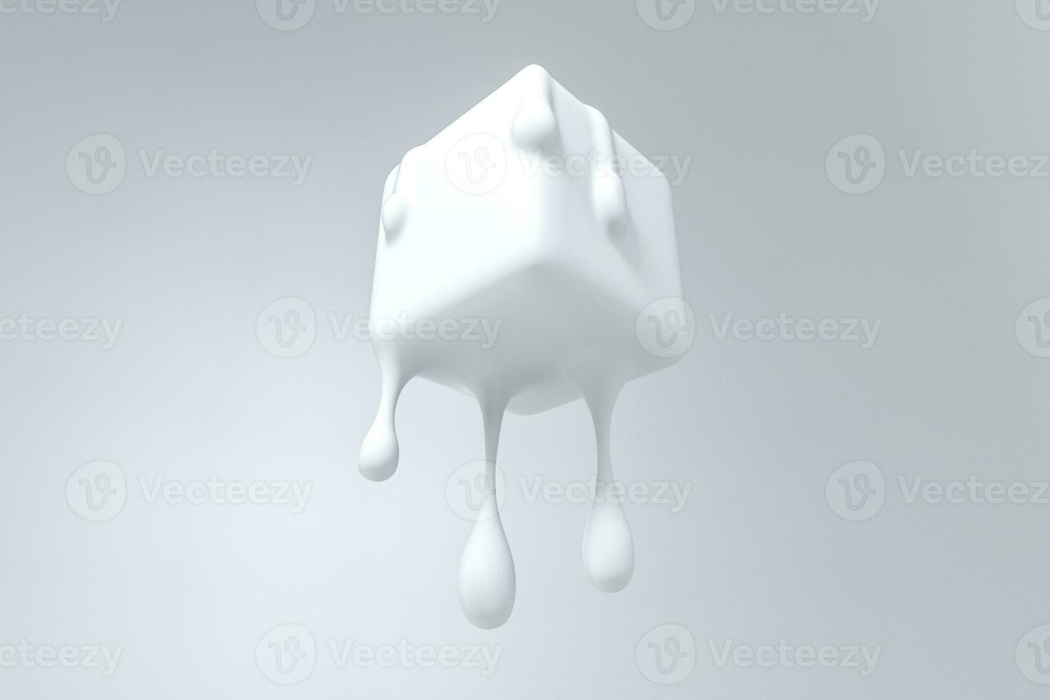 White melting cube with liquid drop details, 3d rendering photo