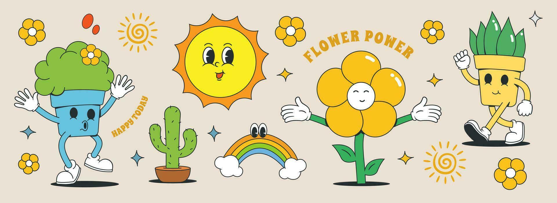 conjunto de 70s maravilloso personaje y elemento. plantas colección vector ilustración