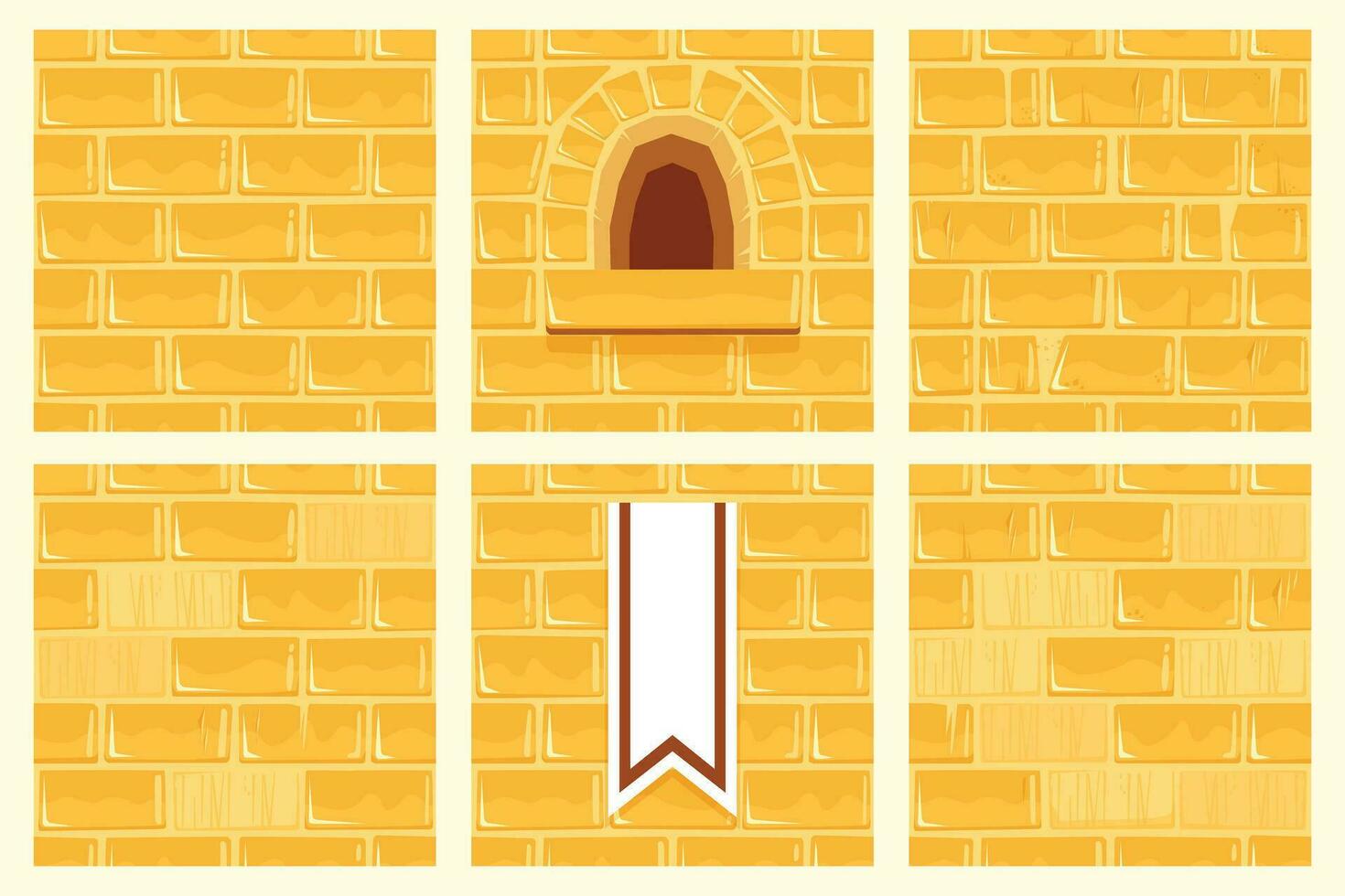 Cartoon Golden Brick Wall Collection, Set of Square Seamless Backgrounds for Castle Design vector
