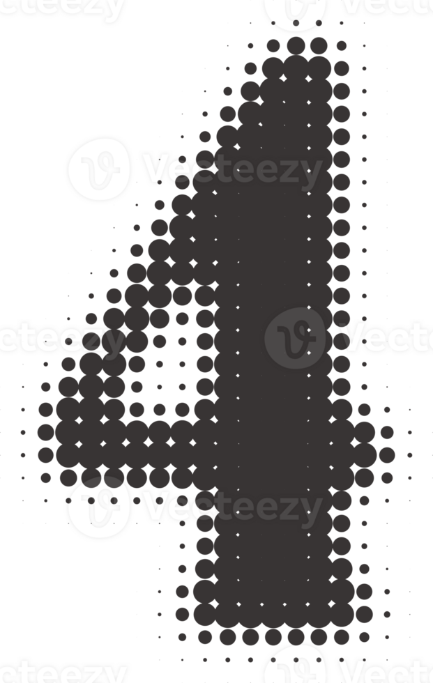 Halftone number 4. Grunge font with pixel pattern. Typography numeral with abstract dotted effect. Pop art design element. png