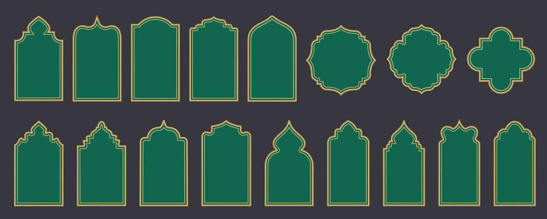 Ramadan window frame shapes. Islamic golden arches. Muslim mosque elements of architecture with ornament. Turkish gates and doors set. Vector