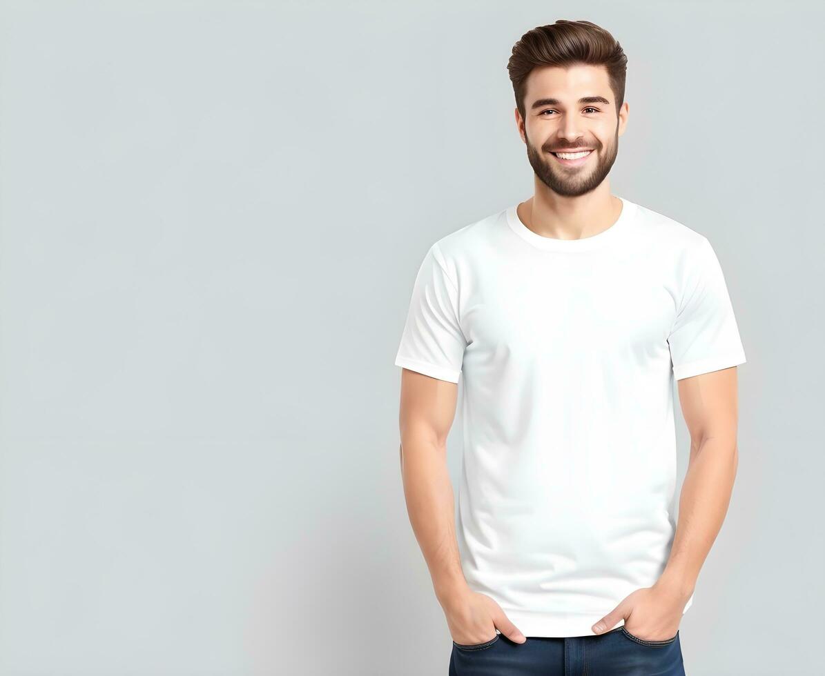 Young man wearing blank white t shirt mockup print presentation mockup ai generate photo