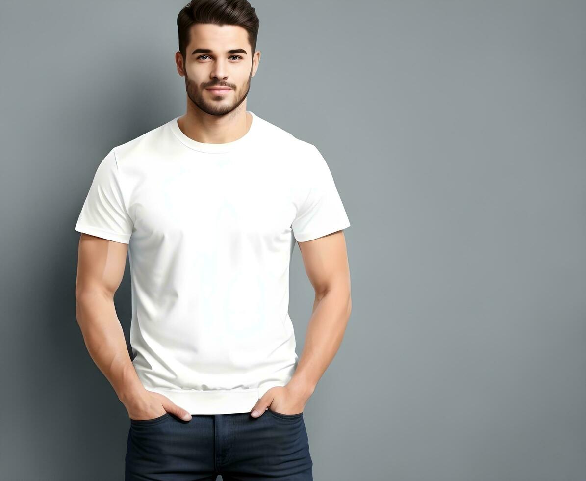 joven hombre vistiendo blanco blanco t camisa Bosquejo impresión presentación Bosquejo ai generar foto