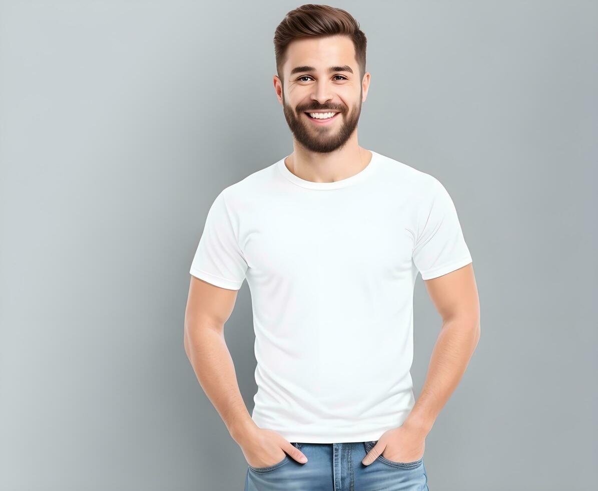 joven hombre vistiendo blanco blanco t camisa Bosquejo impresión presentación Bosquejo ai generar foto