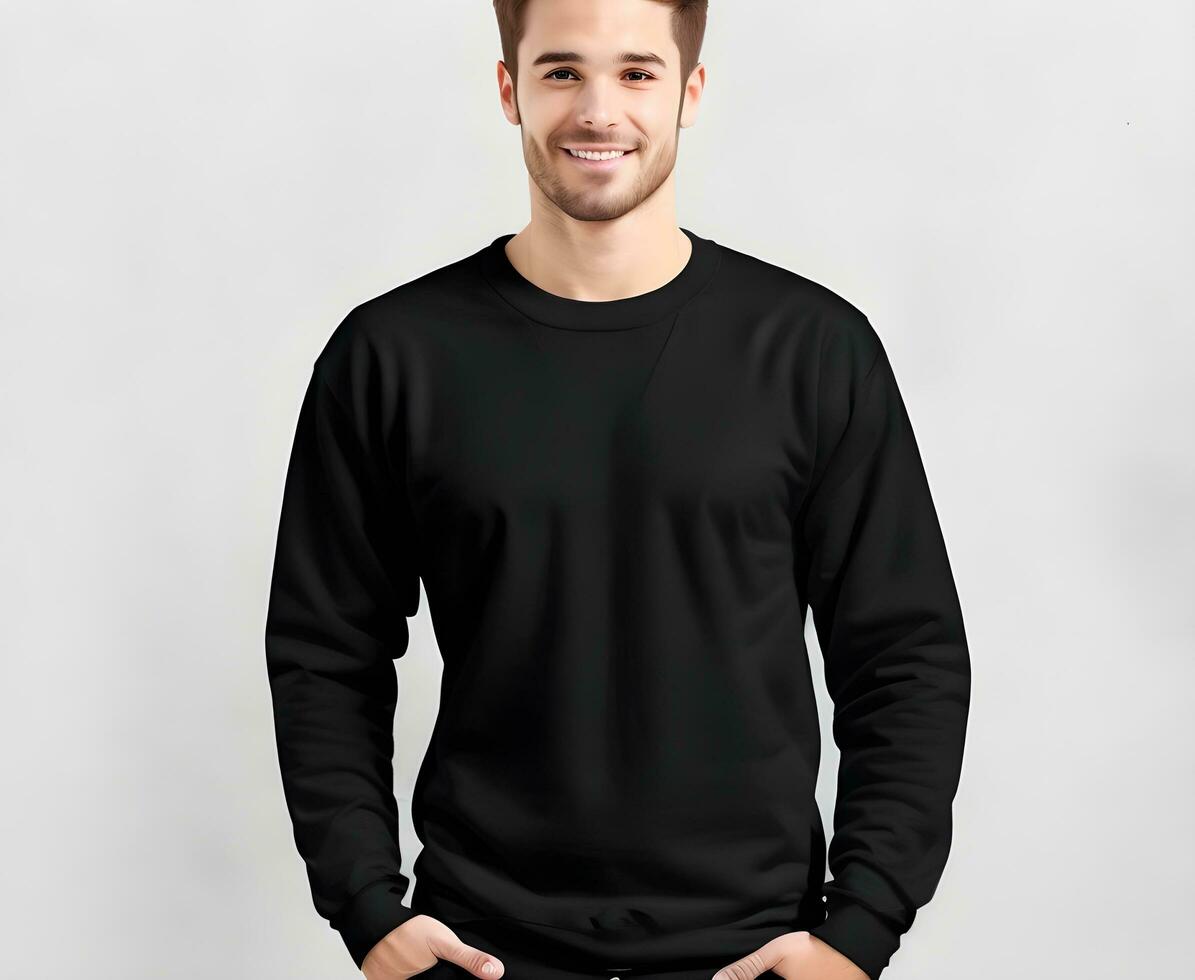 Young man wearing blank black sweater mockup print presentation mockup ...