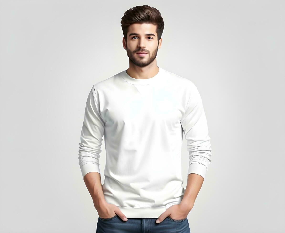Young man wearing blank white sweater mockup print presentation mockup ai generate photo