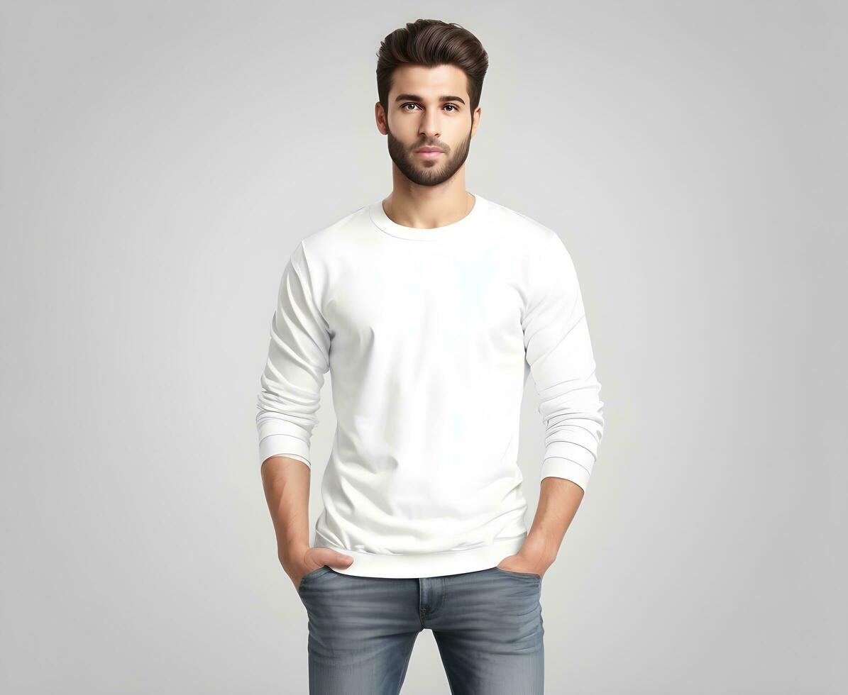 joven hombre vistiendo blanco blanco suéter Bosquejo impresión presentación Bosquejo ai generar foto