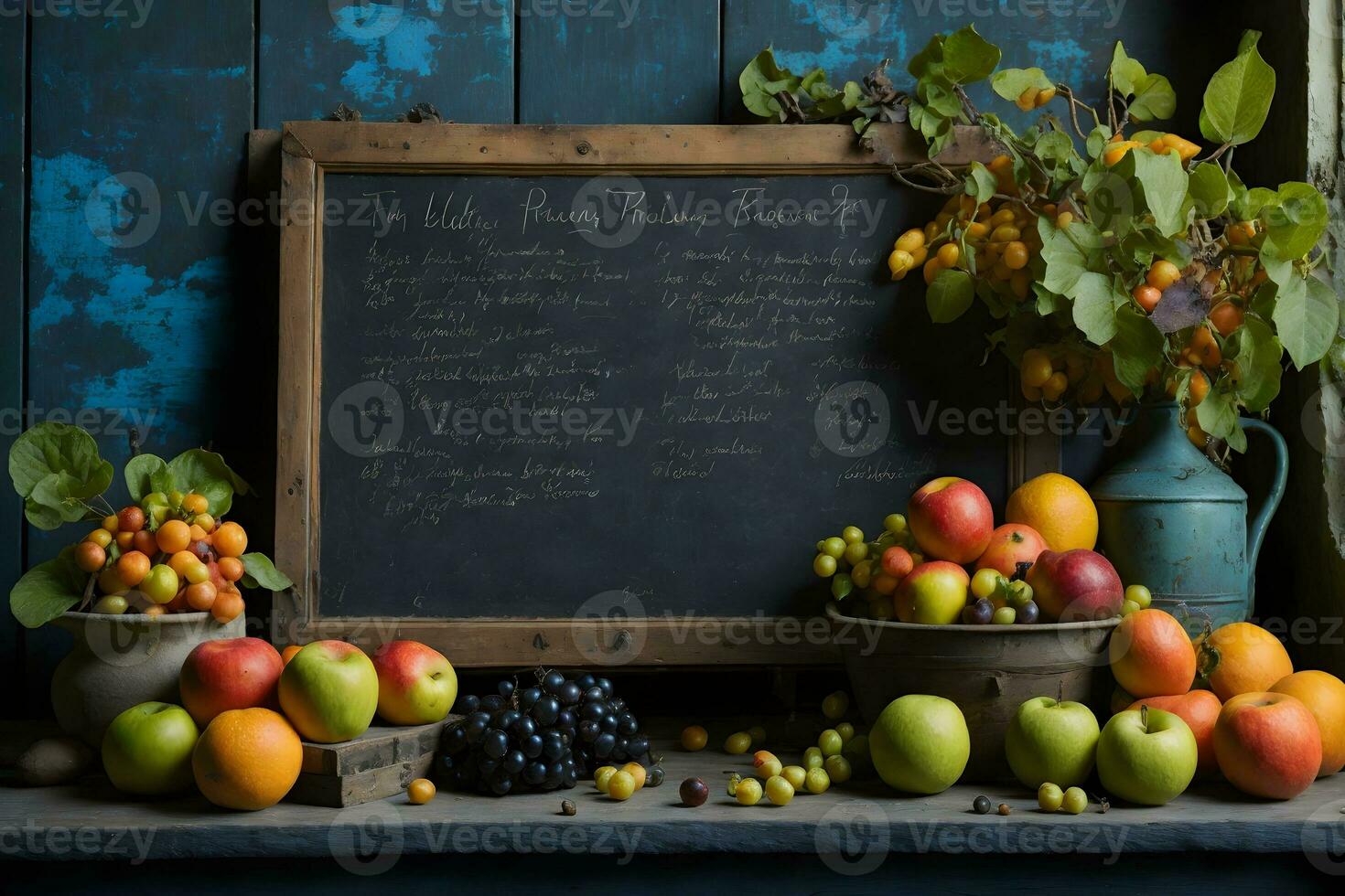 Still Life Photography of a rustic blackboard adorned with an artful arrangement of various fruits and leaves. photo